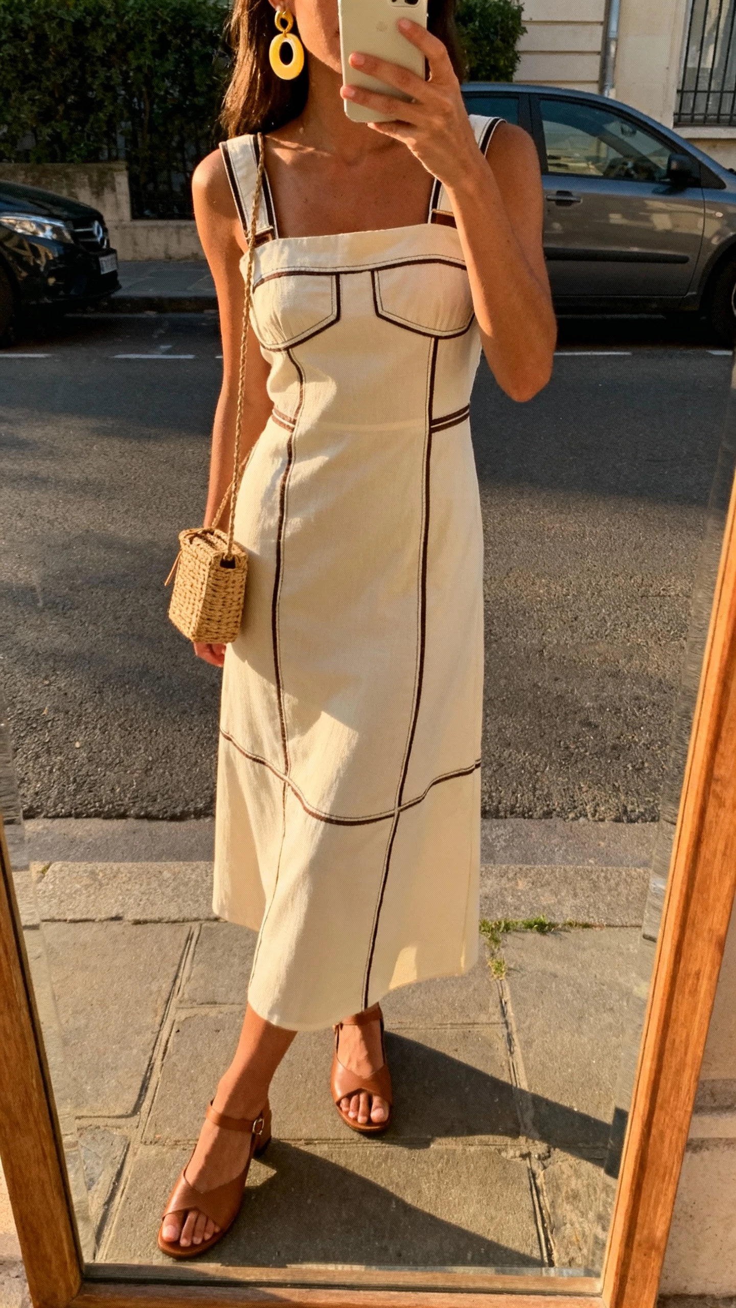 iPhone street-mirror selfie of a woman in a statement sundress with elevated details (structured straps, interesting seams), low heeled sandals, bold earrings, woven mini bag, face not visible, late afternoon sunlight, natural iPhone photo.