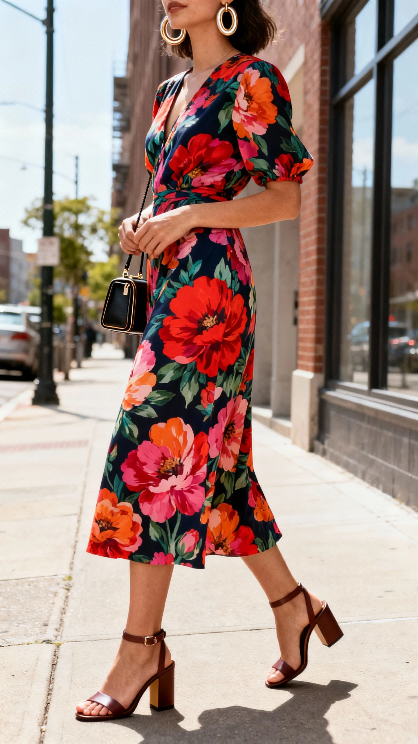 iPhone street-mirror selfie of a woman wearing a bold bloom midi dress with statement oversized florals, block-heel sandals, chunky hoops, structured mini bag, face not visible, side angle, bright daylight on a city sidewalk, natural iPhone photo quality