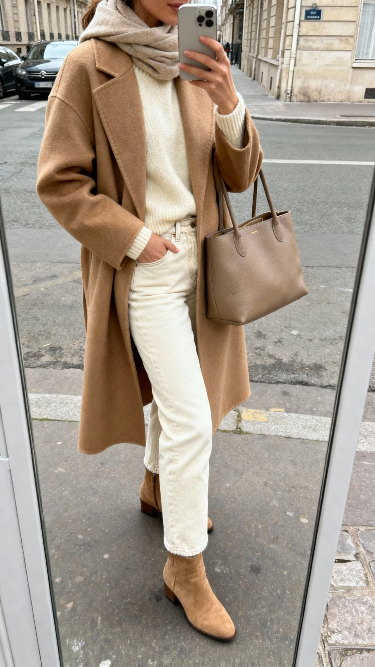 iPhone street-mirror selfie of a woman wearing a camel coat over a cream sweater, cream straight-leg denim, tan ankle boots, structured taupe tote, simple scarf, face not visible, side angle, overcast daylight, casual iPhone aesthetic.