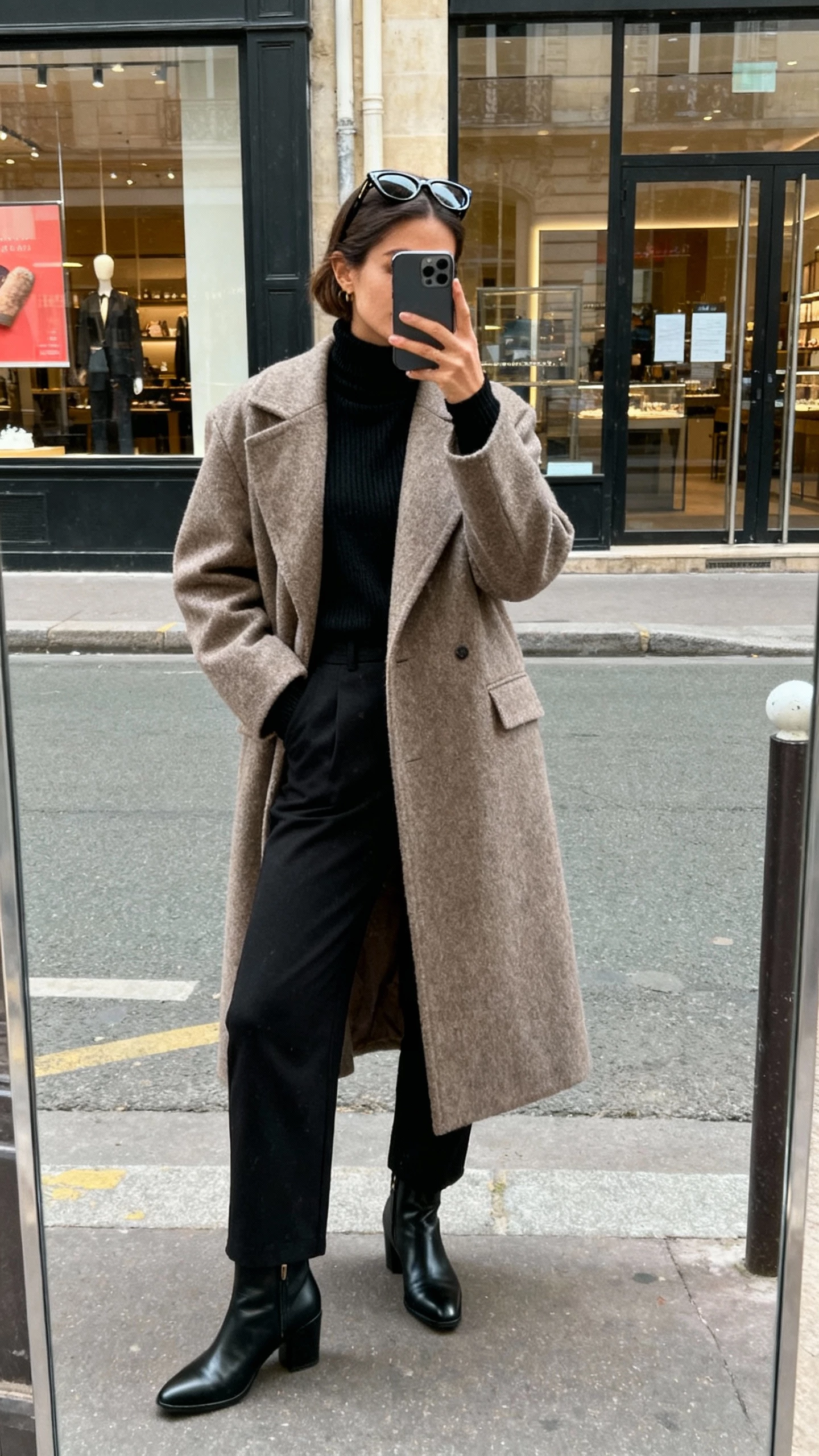 iPhone street-mirror selfie of a woman wearing a statement coat over an all-black base (black turtleneck and black trousers), black ankle boots, sunglasses pushed to head, face not visible, city storefront reflection, natural daylight, candid iPhone vibe.