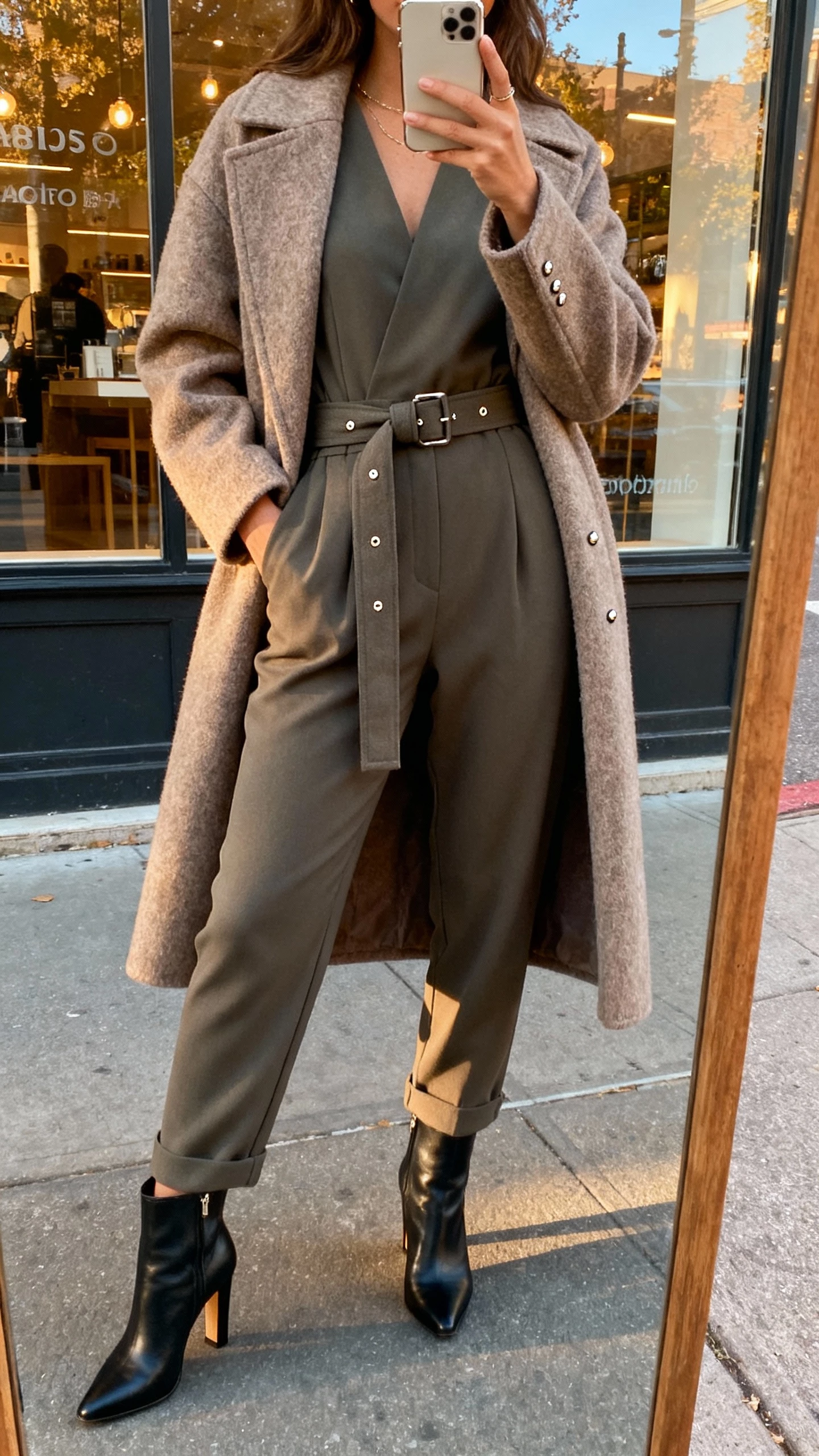 iPhone street-mirror selfie of a woman wearing a tailored chic jumpsuit cinched with a belt, belted wool coat on top, heeled boots, and minimalist studs, face not visible, storefront window reflection, late afternoon daylight, casual iPhone photo.