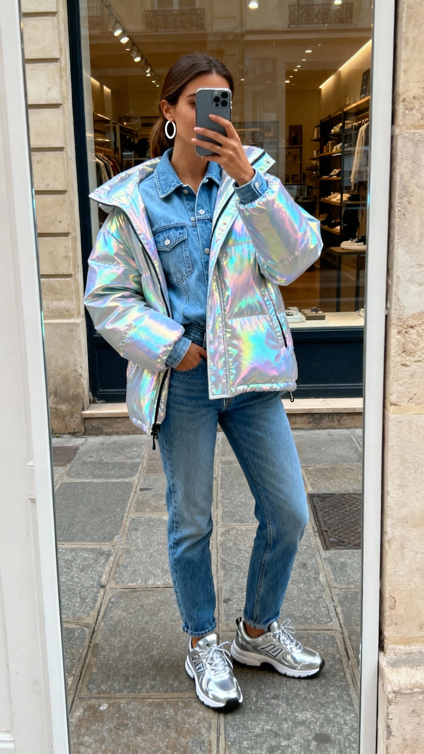 iPhone street mirror selfie (shop window) of a woman in a cloud-blue denim set (jacket and jeans) layered under a holographic parka, silver sneakers, and hoop earrings, face not visible, natural daylight, iPhone photo feel.