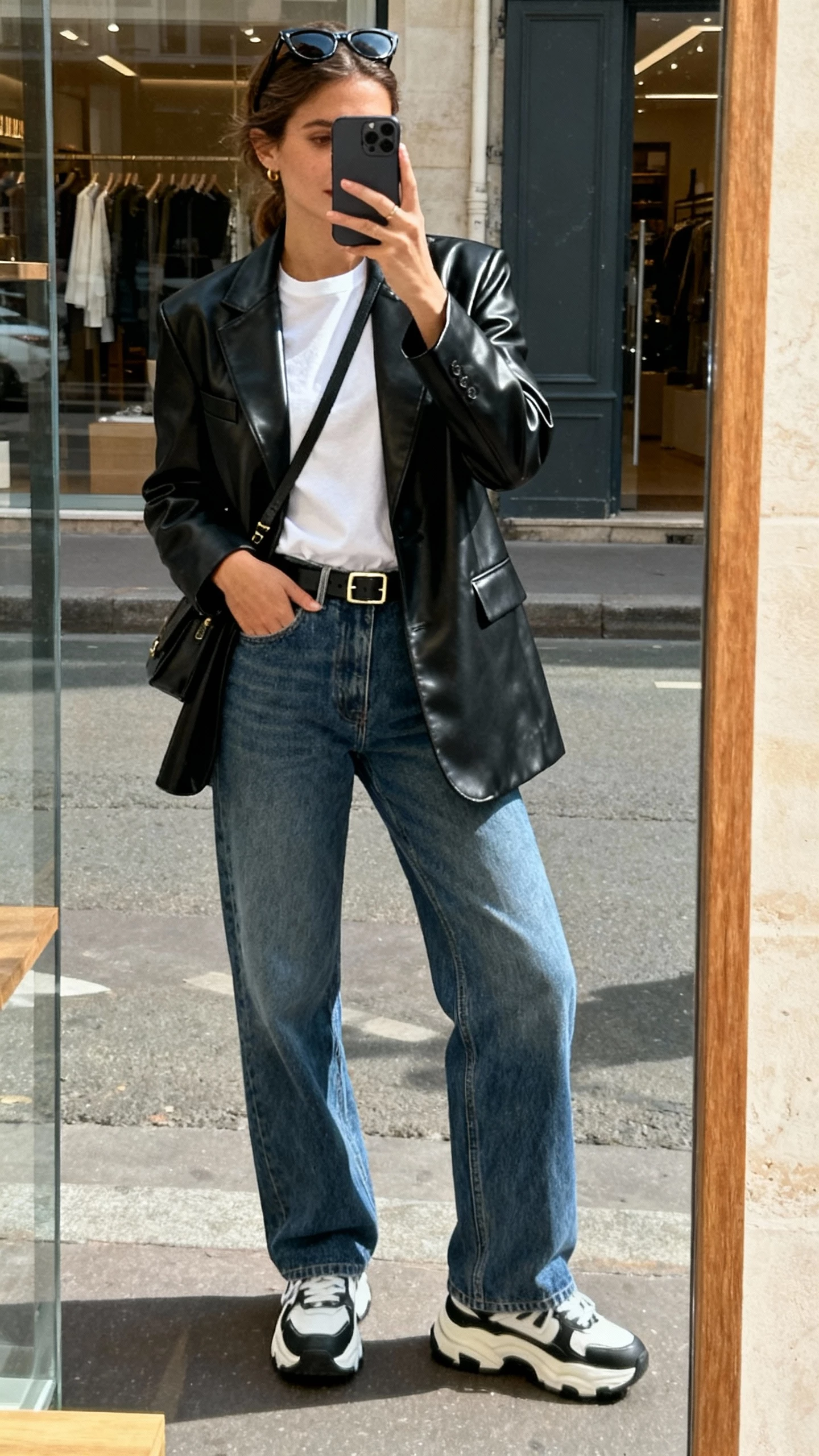 iPhone street-mirror (shop window) selfie of a woman wearing a black leather blazer, relaxed straight-leg denim, white tee, chunky sneakers, slim belt, sunglasses pushed into hair, crossbody bag, face not visible, afternoon daylight, casual iPhone photo.