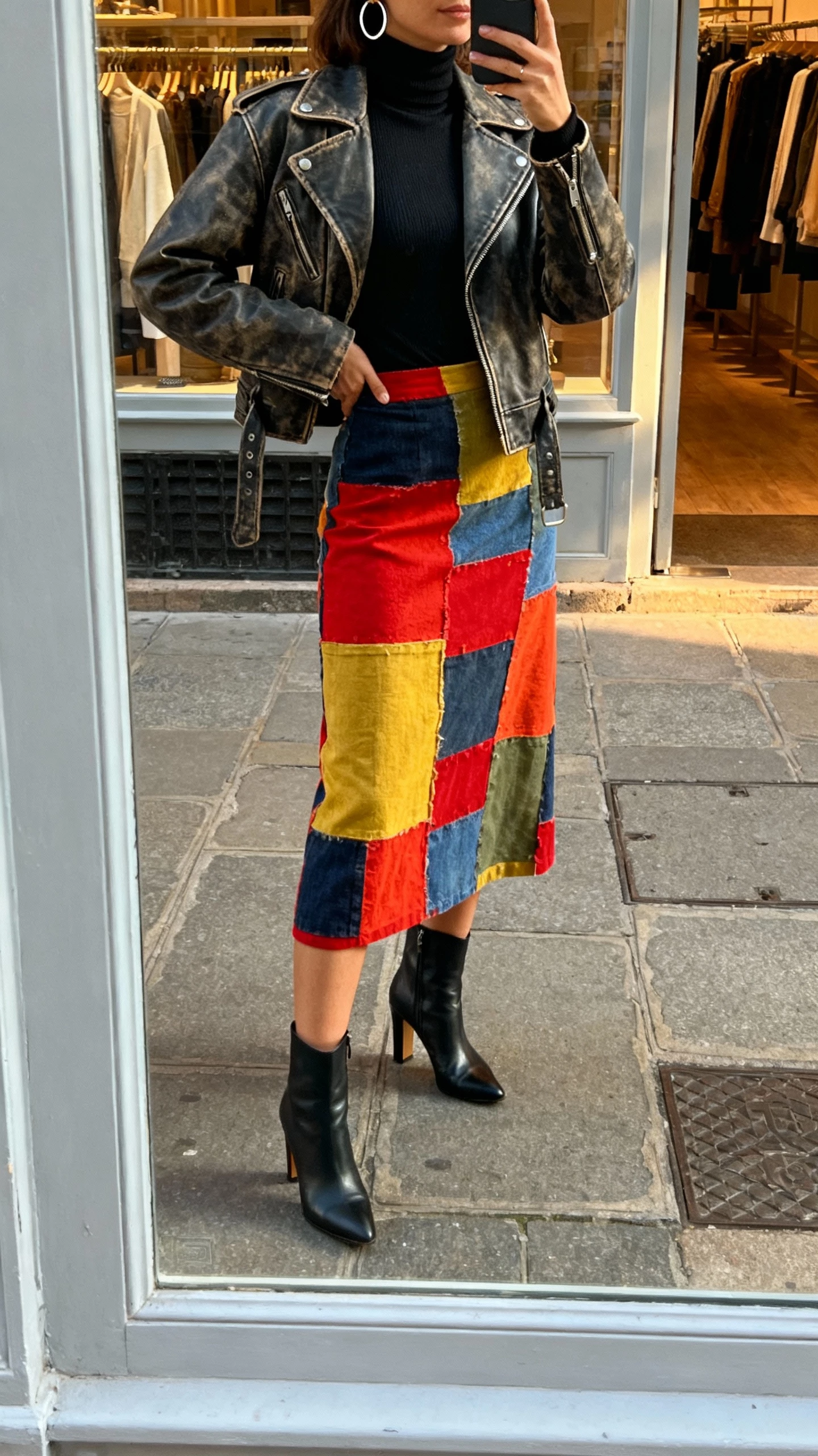 iPhone street-mirror shop-window selfie of a woman wearing a bold upcycled statement midi skirt, fitted black turtleneck, vintage moto jacket, heeled boots, and hoop earrings, face not visible, late-afternoon natural light, natural iPhone photo quality.