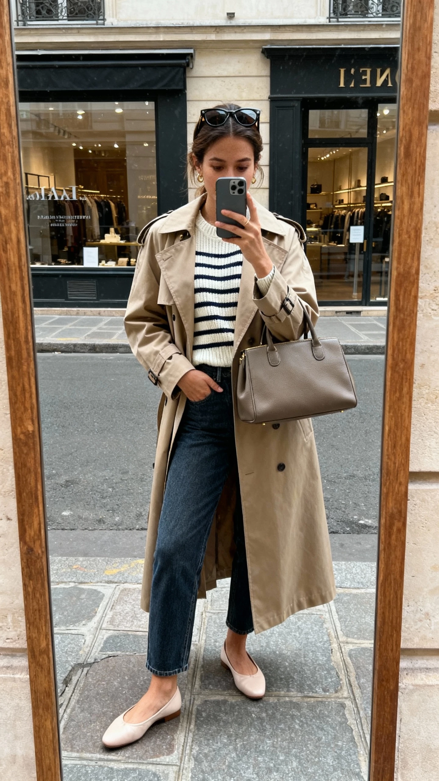 iPhone street mirror-style selfie (storefront reflection) of a woman in a longline trench over a striped knit with cropped straight jeans, ballet flats, structured tote, sunglasses pushed into hair, face not visible, overcast daylight, natural iPhone photo quality.