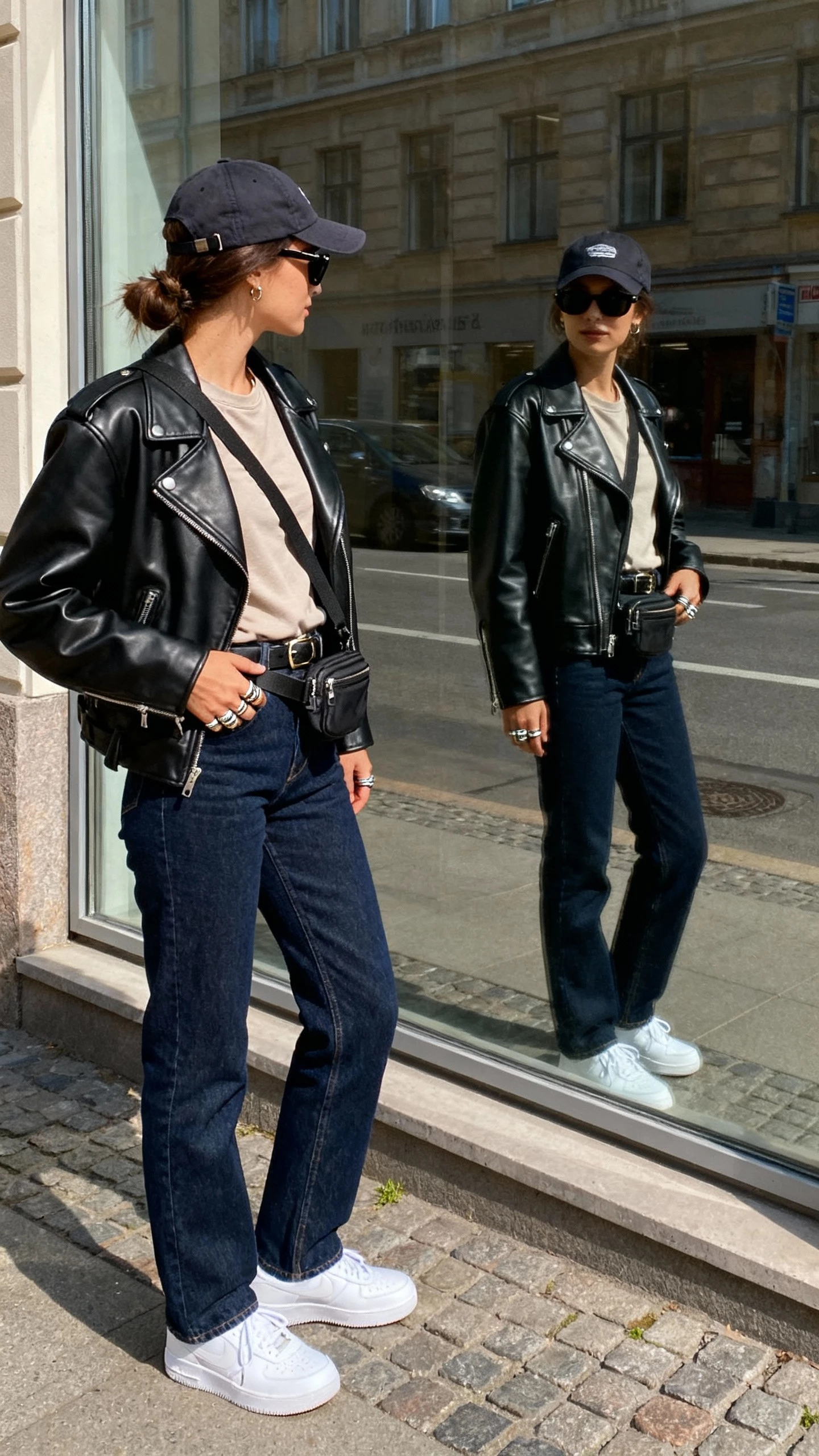 iPhone street mirror window reflection of a woman wearing a black leather moto jacket, neutral tee, dark blue straight-leg jeans, clean white sneakers, baseball cap, crossbody belt bag, sunglasses, and stacked rings; back/side view, daylight, face not visible, casual iPhone aesthetic.