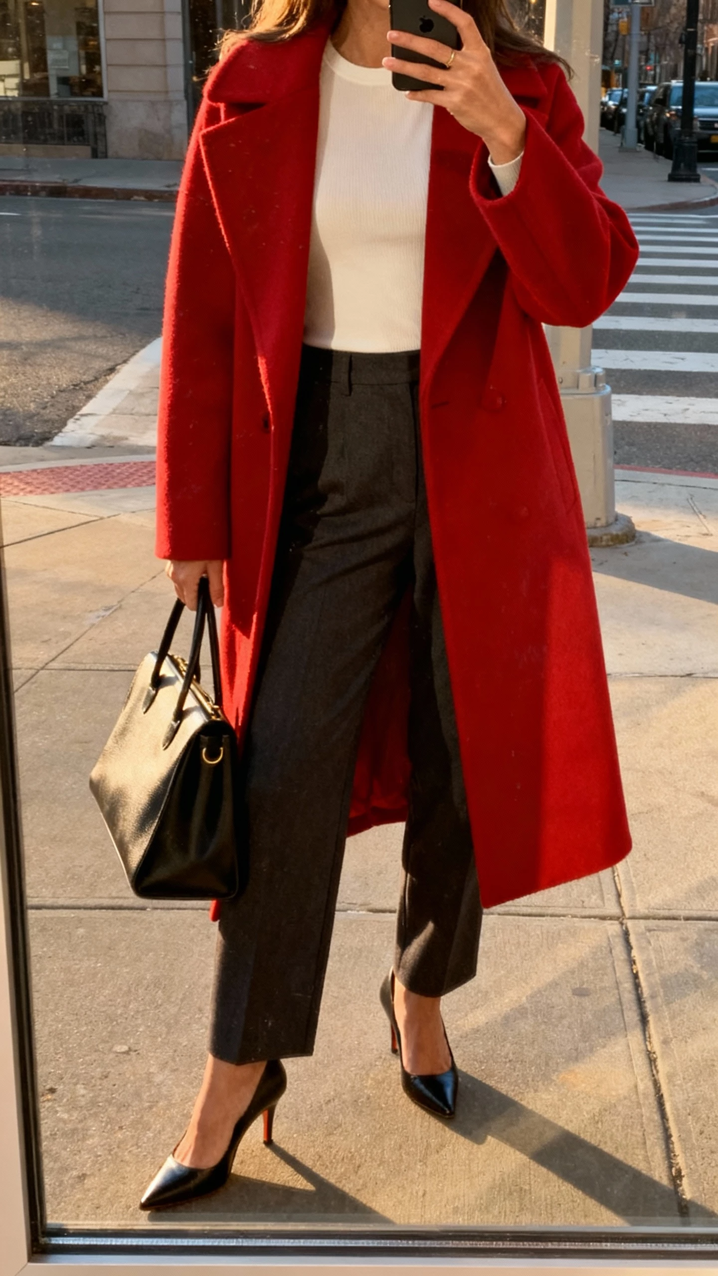 iPhone street mirror window selfie of a woman in a bold statement coat over a minimal base (simple fitted top and straight-leg trousers), classic pumps and structured tote, face not visible, late afternoon daylight, natural iPhone photo quality.