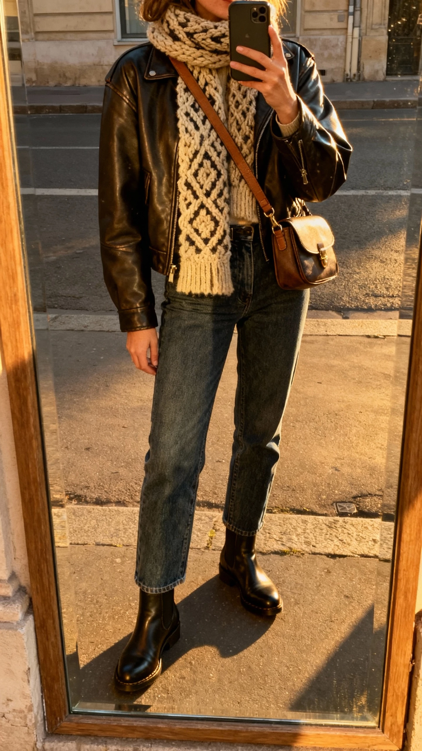 iPhone street-side mirror-glass selfie of a woman wearing a leather jacket, chunky statement scarf, straight jeans, Chelsea boots, and a crossbody bag, face not visible, late afternoon natural light, natural iPhone photo quality.