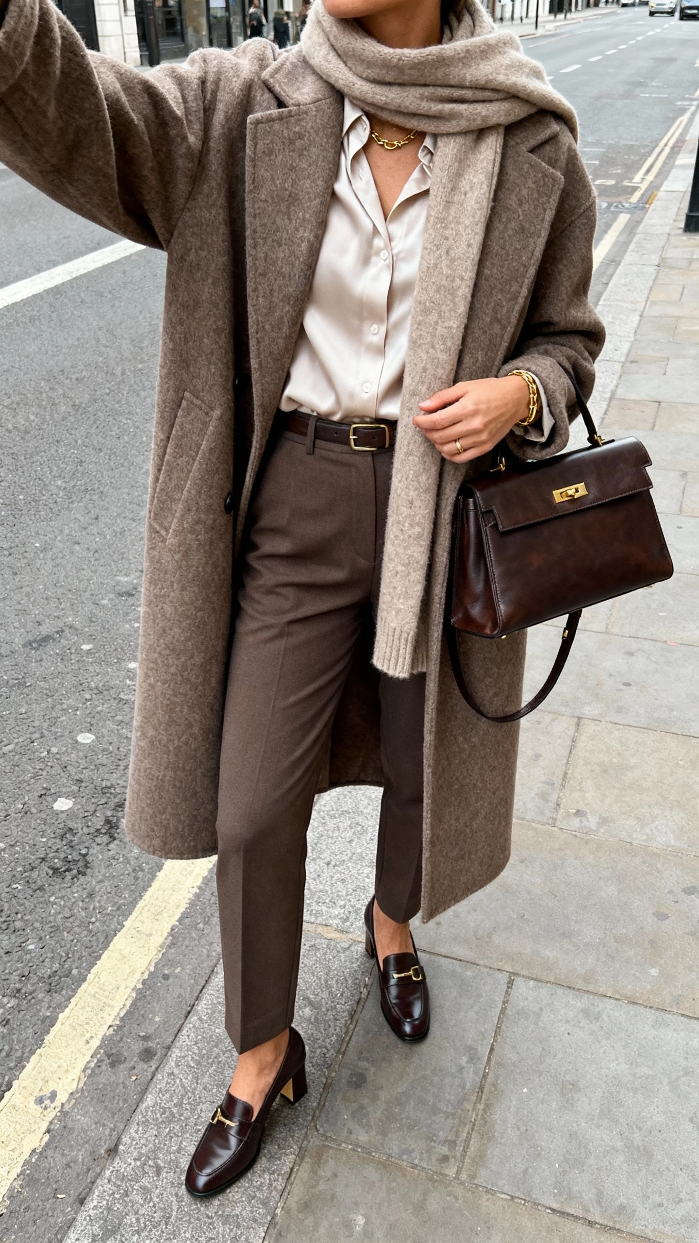 iPhone street-side selfie cropped at shoulders showing a woman wearing a silk blouse tucked into tailored trousers with a long statement wool coat and a cashmere scarf, heeled loafers, structured leather bag, subtle gold jewelry, face not visible, overcast natural light, natural iPhone photo quality