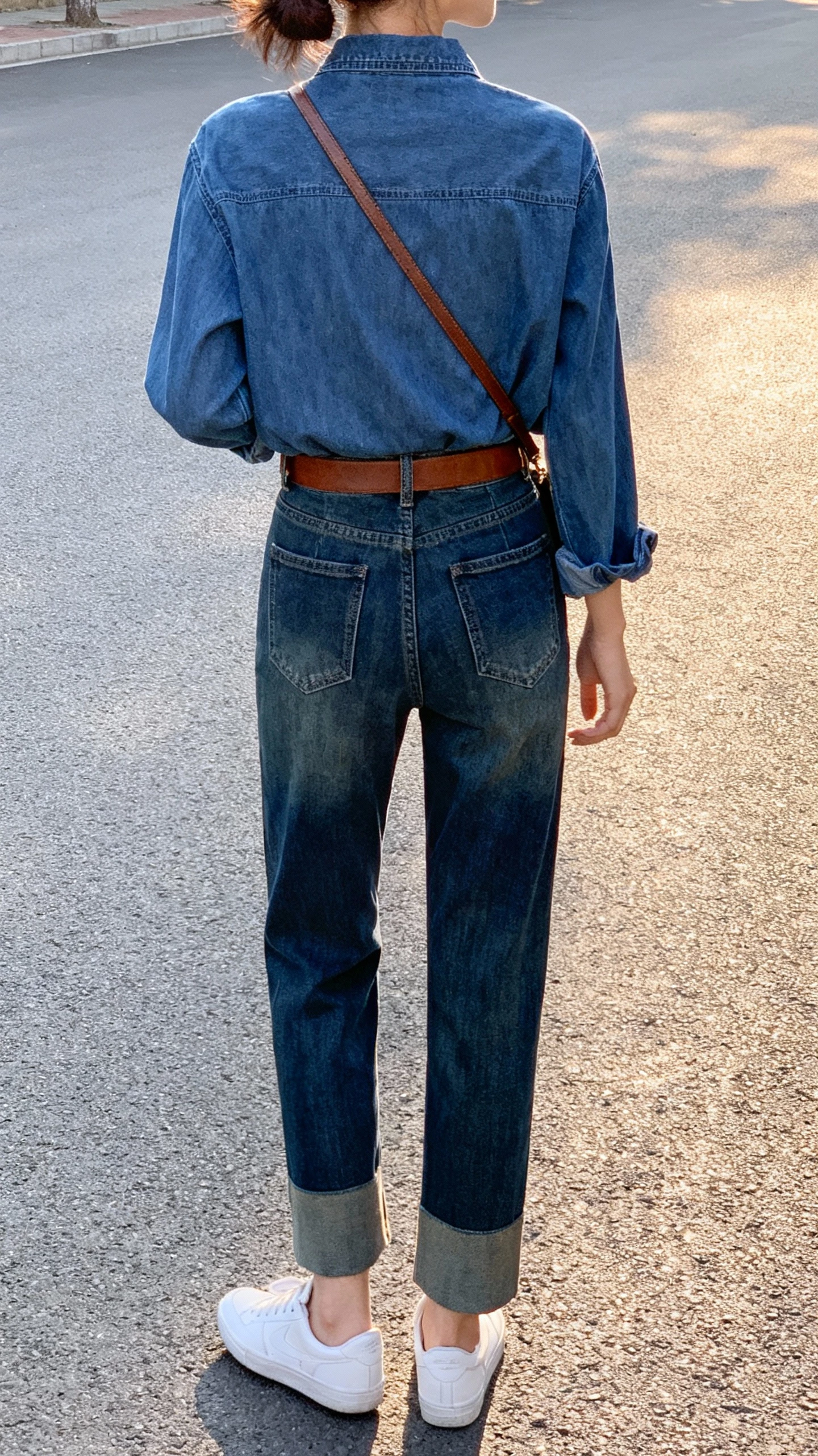 iPhone street-style back view selfie of a woman wearing a denim shirt tucked into slightly darker straight blue jeans with a subtle contrast wash, brown leather belt, white sneakers, simple crossbody, face not visible, late afternoon daylight, casual iPhone photo