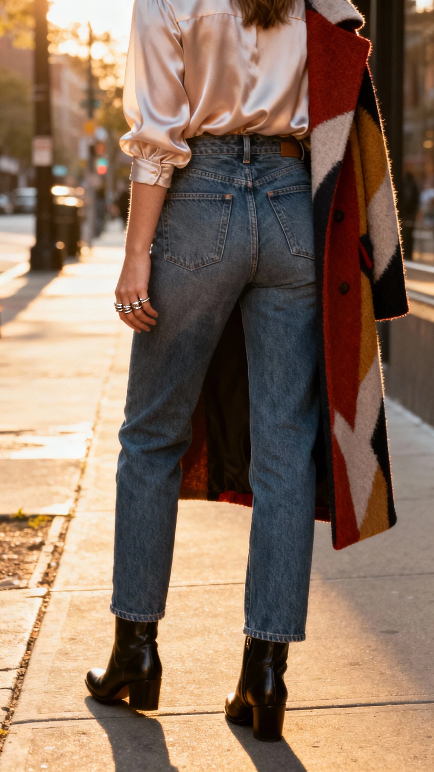 iPhone street-style back-view selfie of a woman wearing high-waisted jeans, a tucked silk blouse, a bold statement coat, ankle boots, and layered rings, face not visible, city sidewalk at golden hour, natural daylight, casual iPhone photo quality