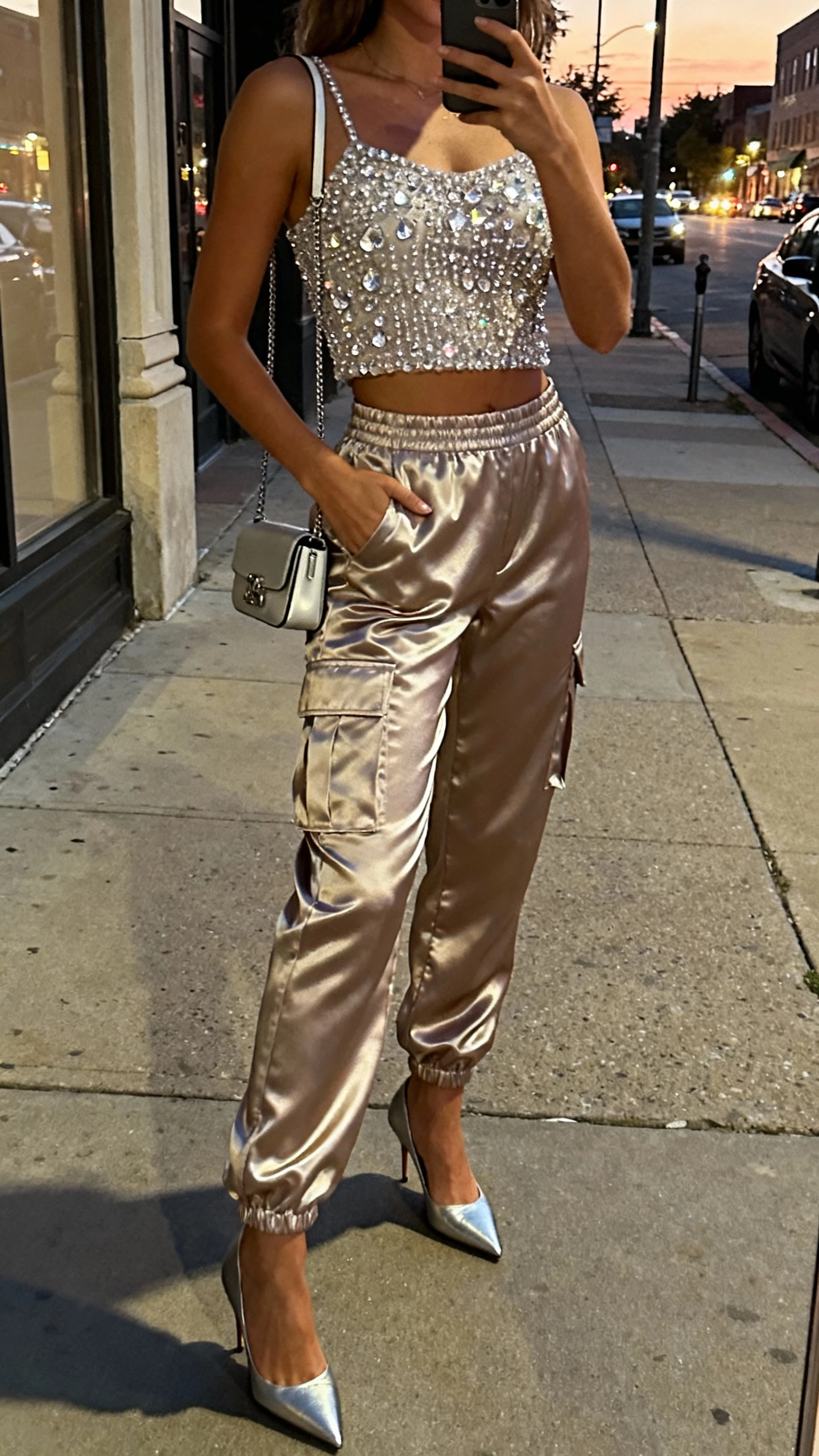 iPhone street-style side selfie of a woman in satin cargo pants with a crystal-embellished top, pointed heels, and a mini shoulder bag, face not visible, city sidewalk at dusk, ambient street lighting, casual iPhone quality.