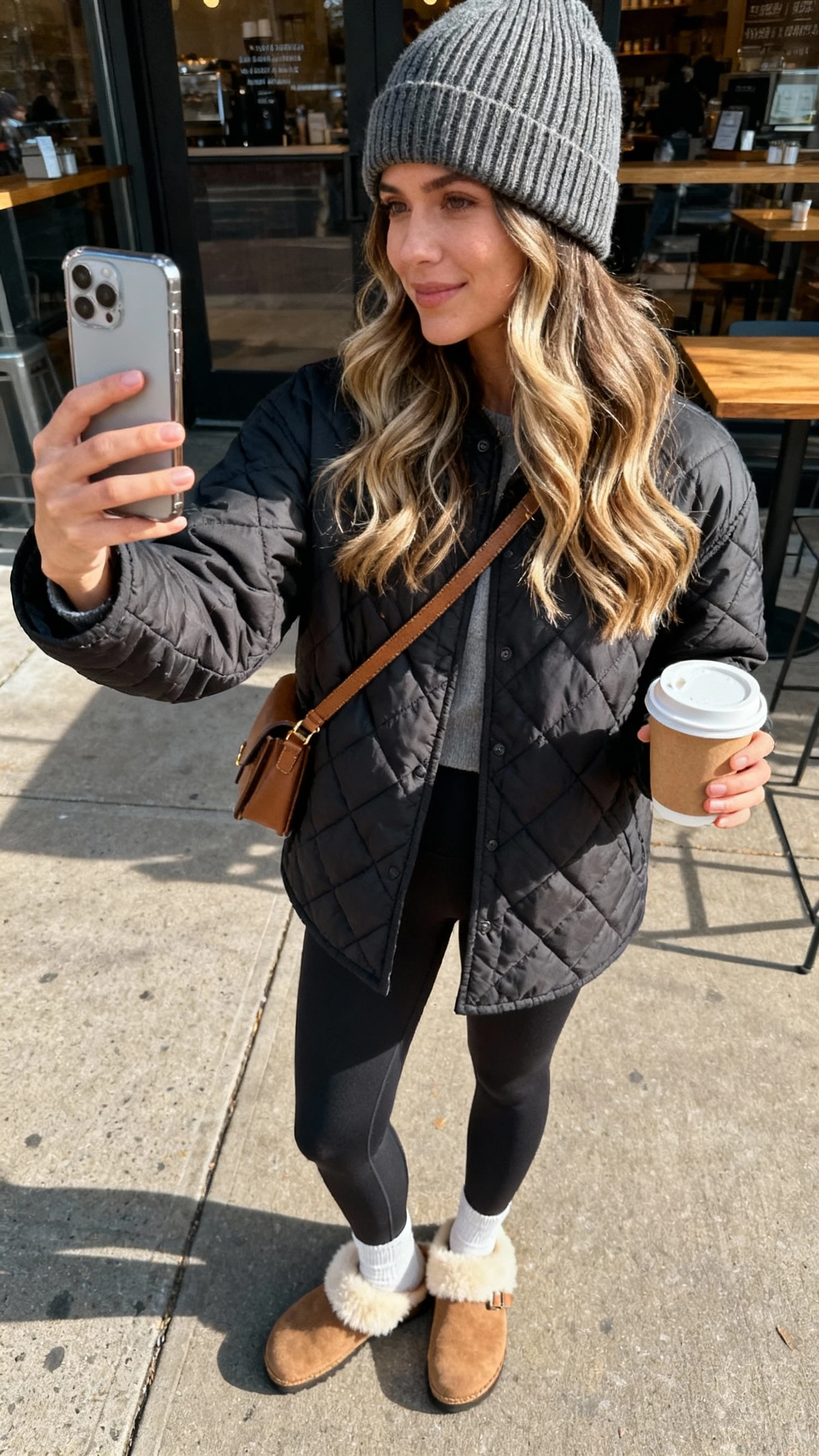 iPhone takeout-coffee selfie cropped at shoulders showing a woman in a ribbed beanie, loose waves (balayage), quilted jacket, leggings, shearling-lined clogs, crossbody, face not visible, outside cafe in morning light, natural iPhone photo quality.