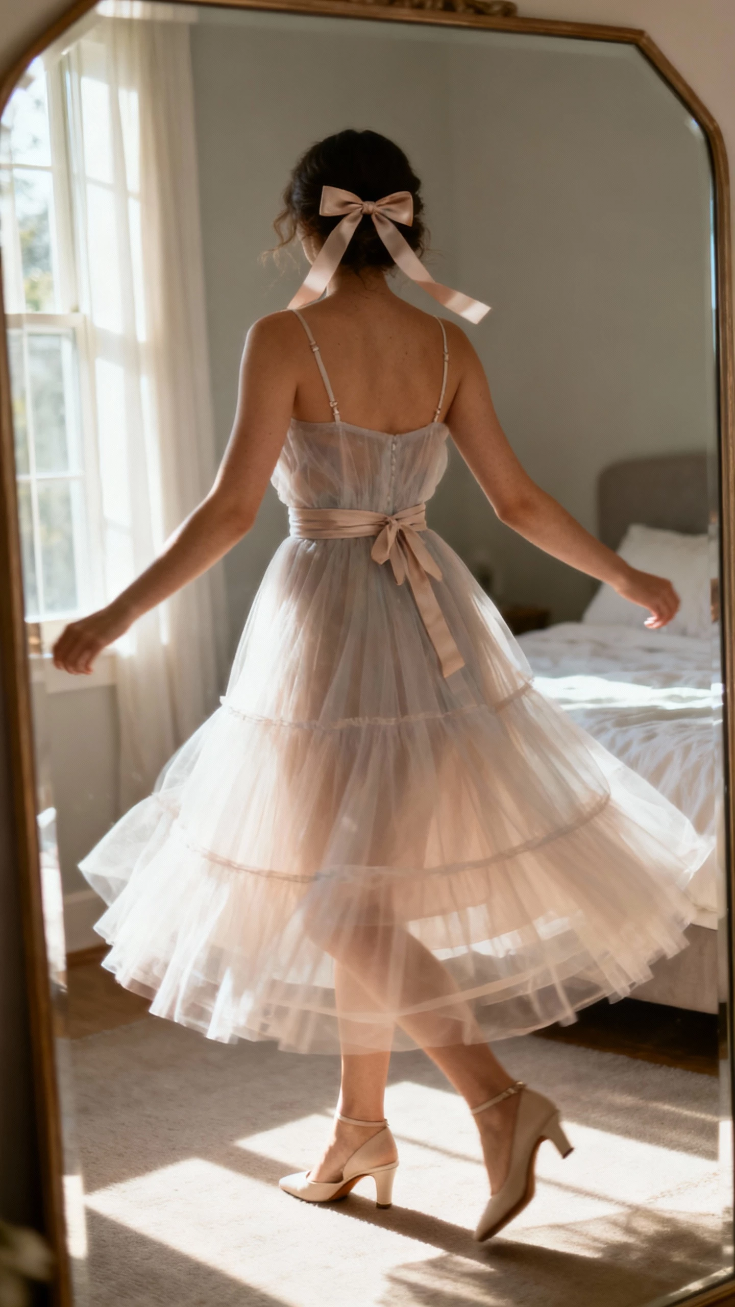 iPhone twirl shot in mirror of a woman wearing an ethereal tulle midi wedding dress with airy layers, cinched waist, delicate straps, ribbon hair bow, and kitten heels, face not visible, bedroom mirror with morning window light, natural iPhone aesthetic.