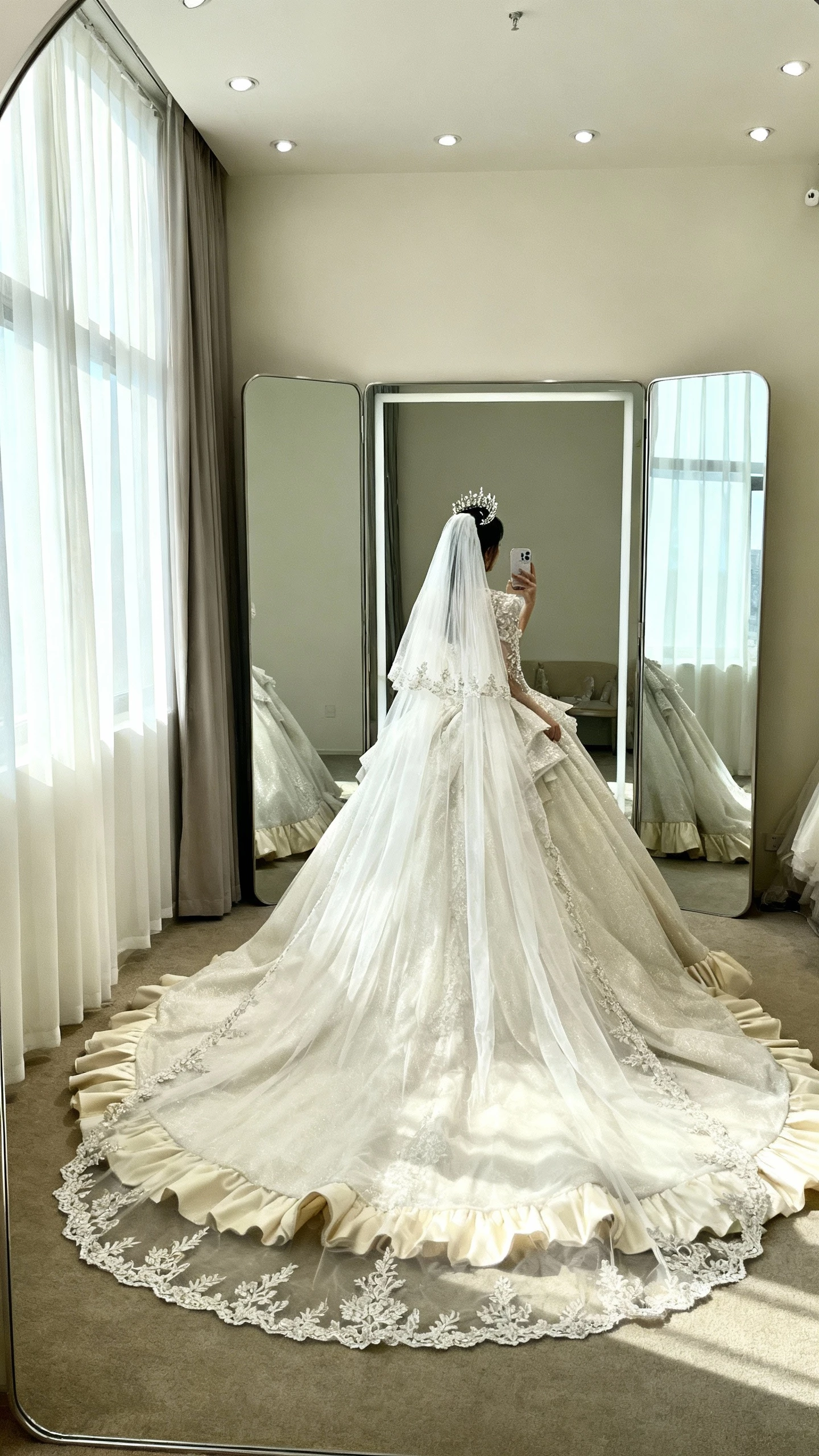 iPhone wide mirror selfie of a woman in a grand ballgown with a royal train, ultra-long royal veil with embroidered edge, statement tiara, and visible petticoats for lift, face not visible, venue bridal suite mirror, morning window light, natural iPhone aesthetic.
