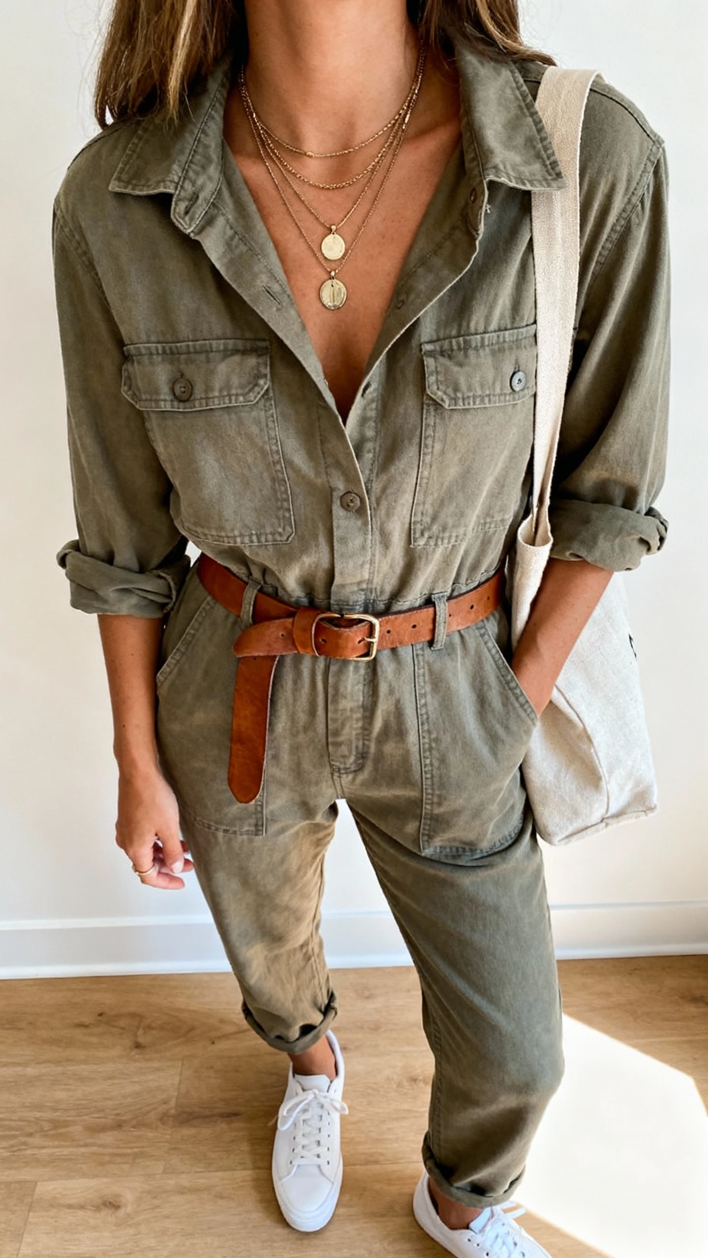 iPhone work-bathroom mirror selfie of a woman wearing an upcycled utility jumpsuit with rolled sleeves, cinched with a leather belt, white sneakers, layered pendant necklace, and a canvas tote, face not visible, cropped at neck, bright indoor lighting, natural iPhone photo quality.