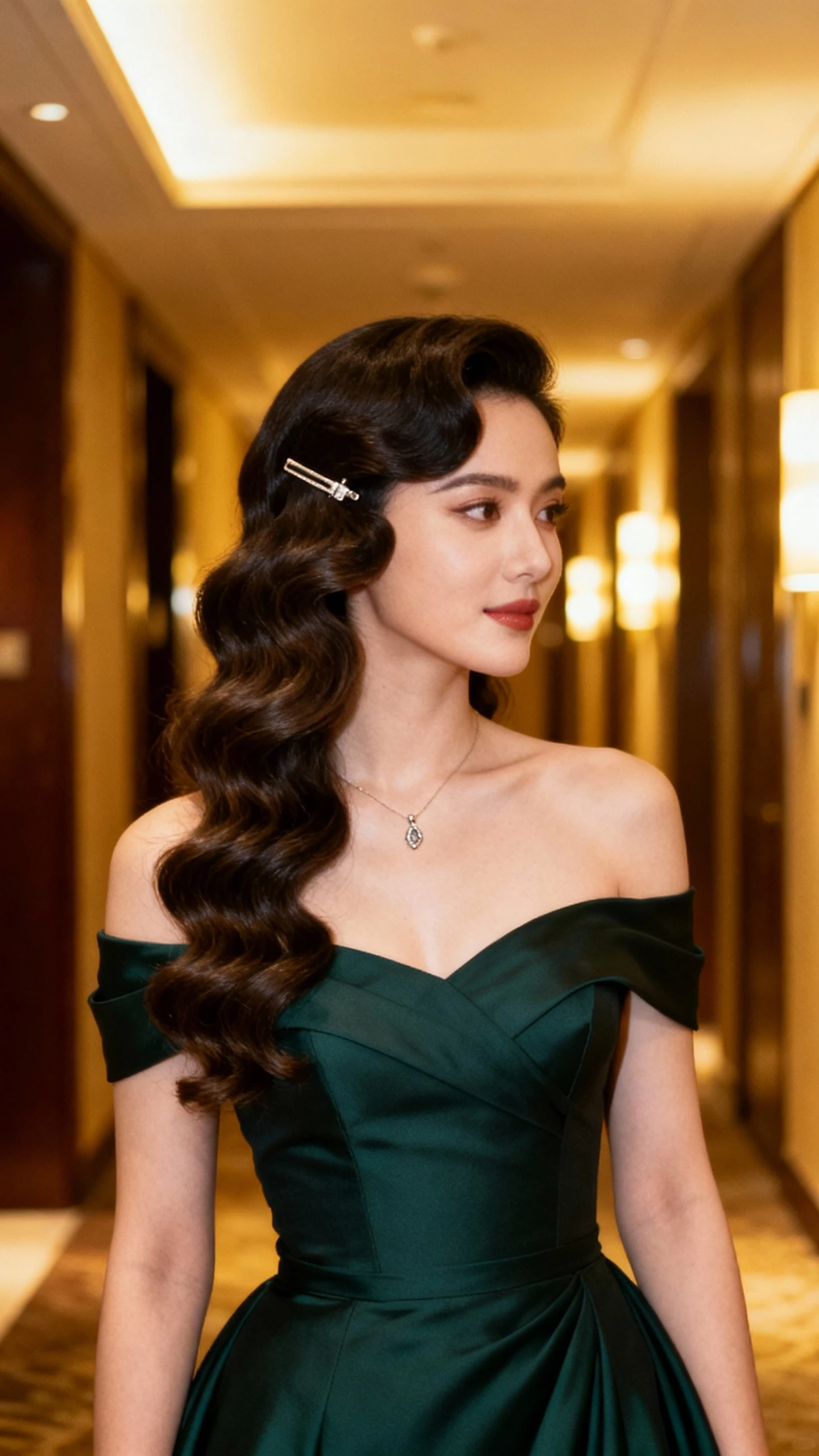 Side-angle iPhone selfie of a woman in a fitted off-the-shoulder gown, soft Hollywood waves cascading over one shoulder with a subtle barrette, minimal pendant necklace, face not visible, hotel hallway lighting before the reception, natural iPhone aesthetic.