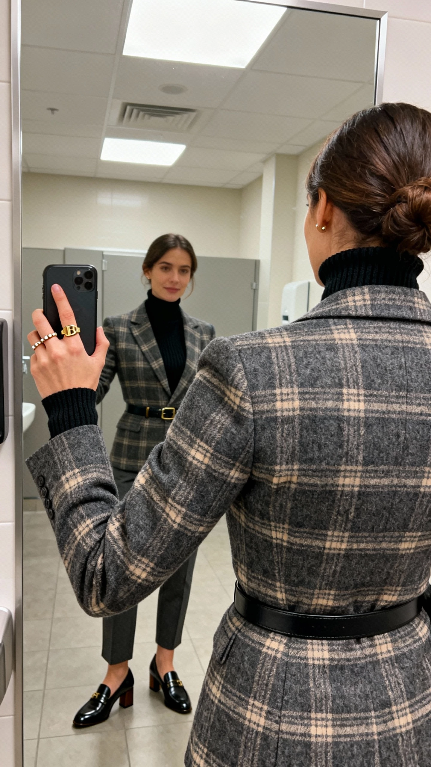 iPhone back-view mirror selfie of a woman in a tonal plaid fitted wool blazer (charcoal with soft beige accents), tapered trousers, black fine-knit turtleneck, leather heeled loafers, gold signet ring with minimal studs, slim leather belt; office restroom mirror, face not visible, overhead indoor light, natural iPhone photo quality.