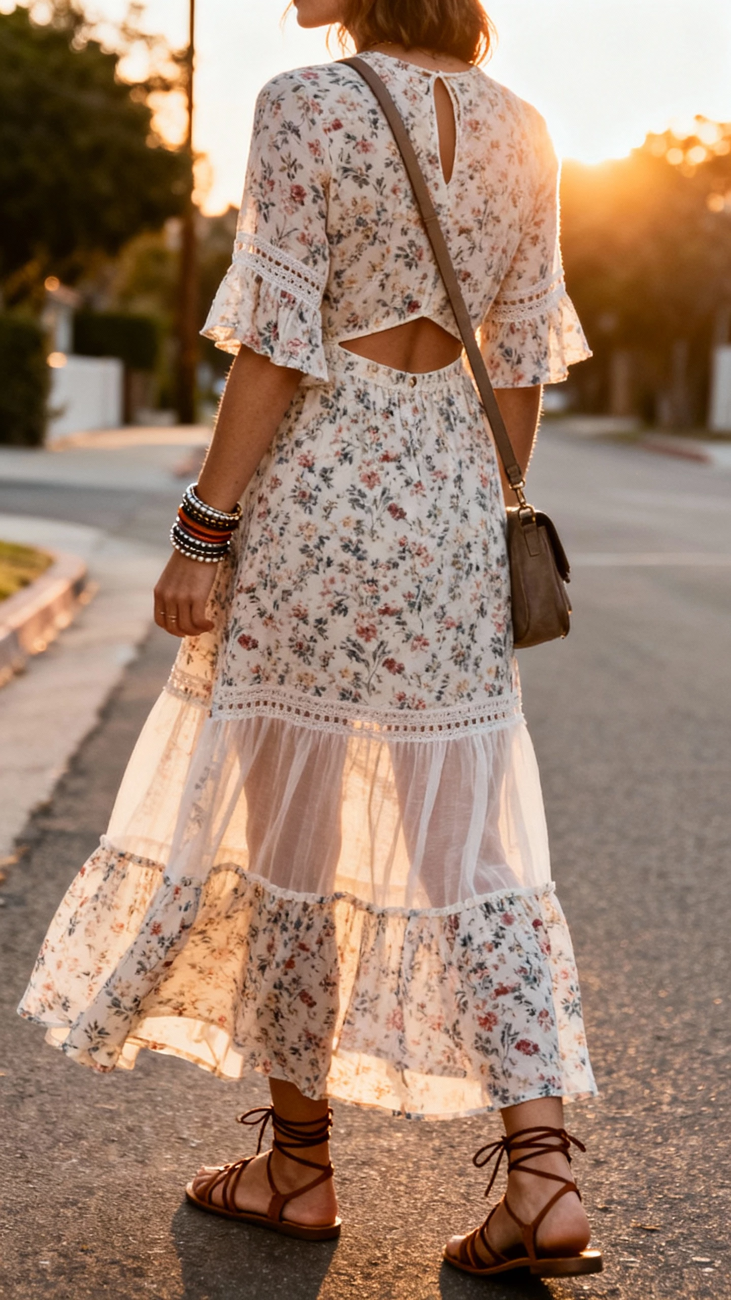 iPhone back-view selfie of a woman in a boho-meets-modern floral maxi dress with airy tiers and subtle cutout, stacked bracelets, lace-up sandals, and a crossbody, face not visible, golden-hour on a quiet street, natural sunset light, casual iPhone photo.