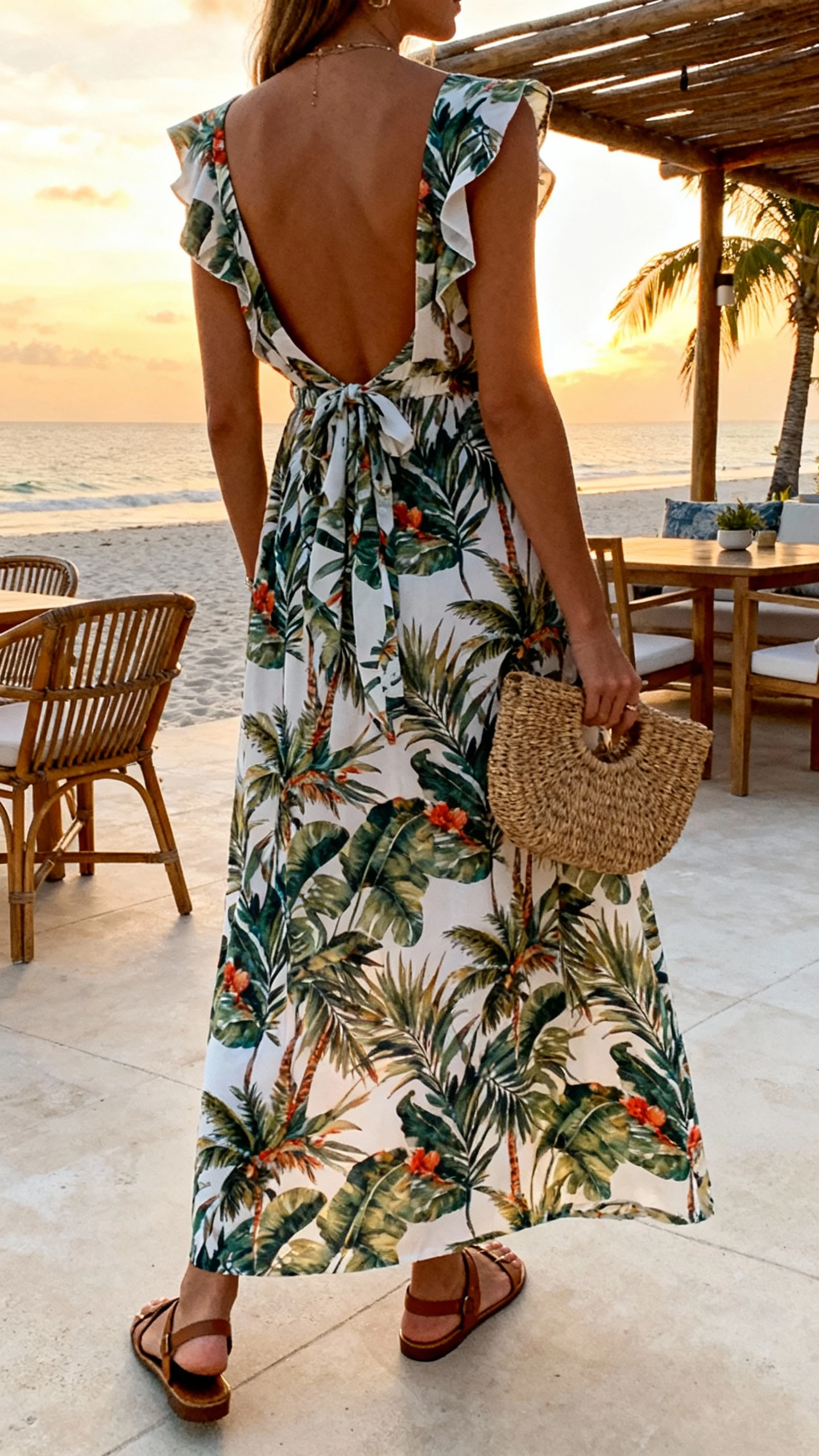 iPhone back-view selfie of a woman in a tropical print maxi dress with a breezy open back, flat sandals, woven clutch, face not visible, beachside patio setting at dusk, natural daylight, casual iPhone photo.
