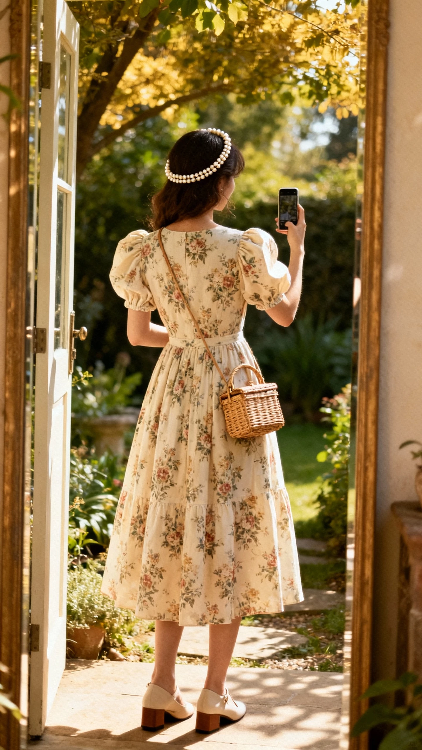 iPhone back-view selfie of a woman wearing a romantic puff-sleeve tea dress with vintage floral print, low block heels, a beaded headband, and a wicker mini bag, face not visible, garden doorway mirror, dappled afternoon light, natural iPhone photo quality.