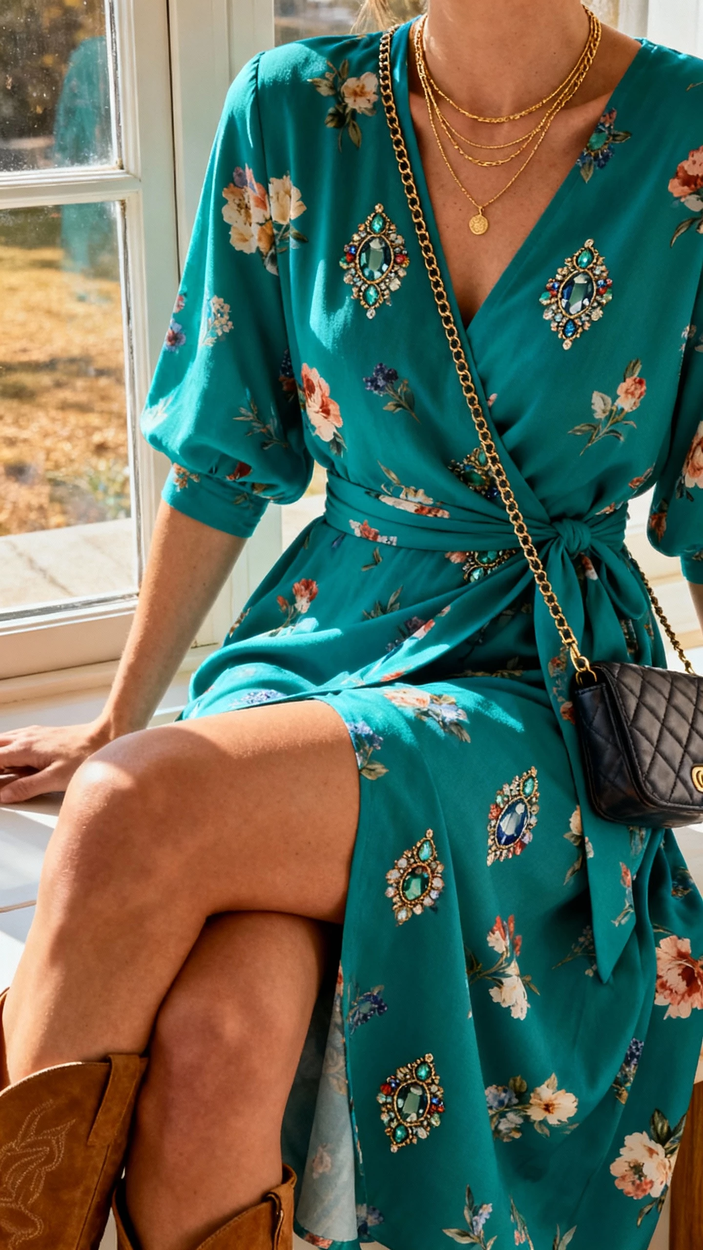 iPhone cafe table selfie cropped at neck showing a woman in a teal wrap dress with floral-jewel print, delicate gold layered necklaces, ankle boots, and a quilted crossbody, face not visible, seated by a window with afternoon light, natural iPhone aesthetic.