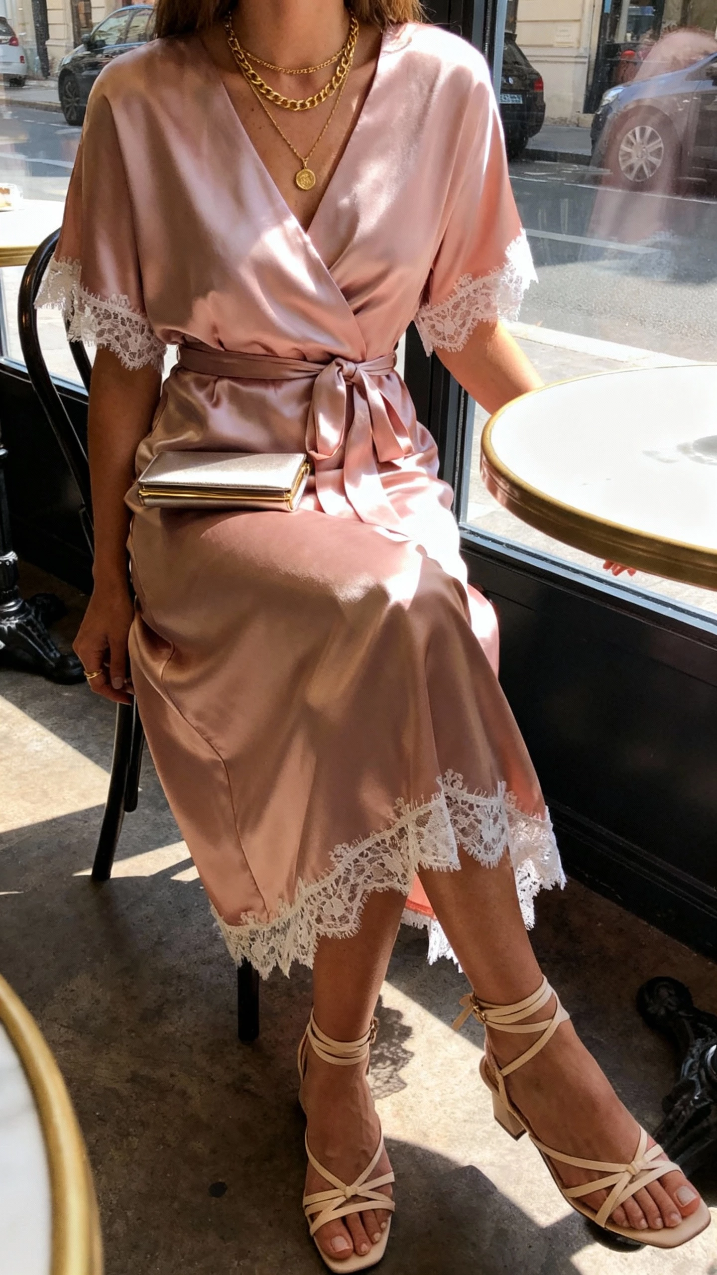 iPhone cafe table selfie cropped at shoulders showing a woman in a satin wrap dress with lace trim in soft blush, strappy heels, layered gold necklaces, and a slim clutch; face not visible, seated by cafe window, daylight glow, natural iPhone photo.
