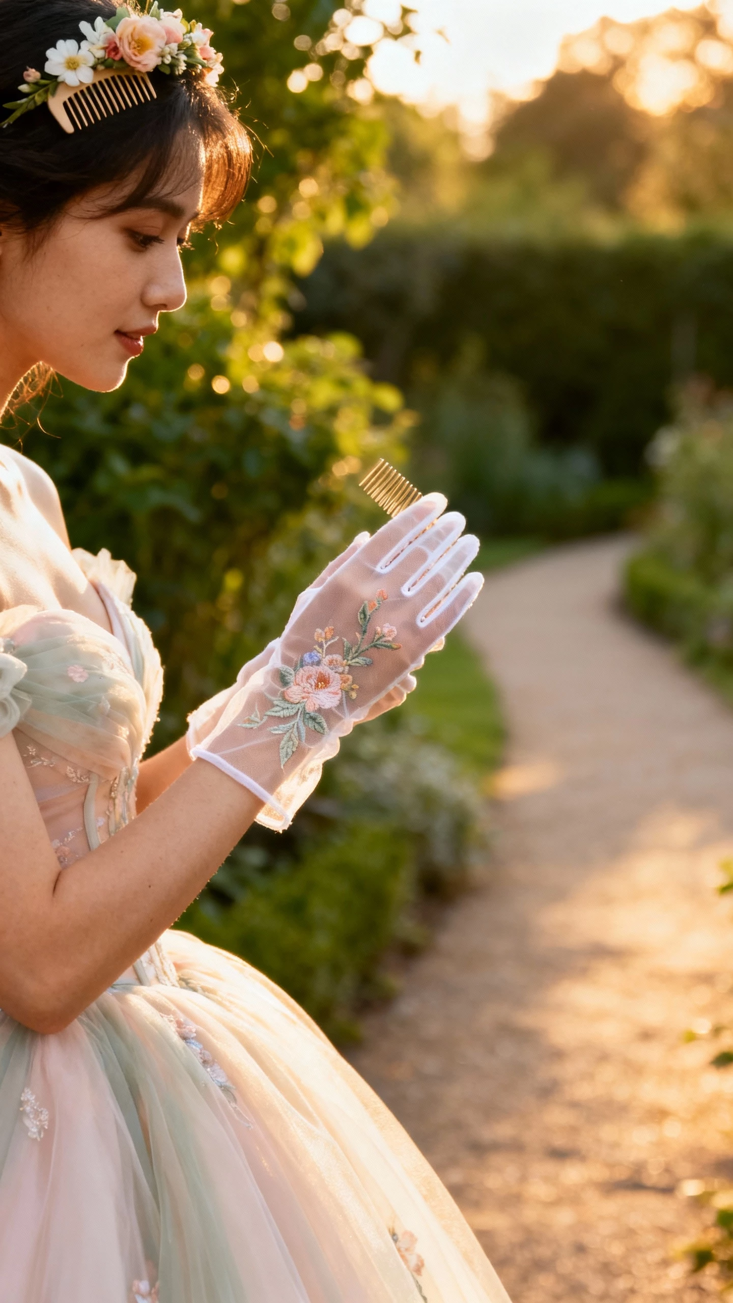 iPhone garden path selfie of a woman wearing embroidered tulle gloves, a floral comb, and a garden-ready ballgown, face not visible, side angle with greenery behind, late afternoon natural light, casual iPhone aesthetic