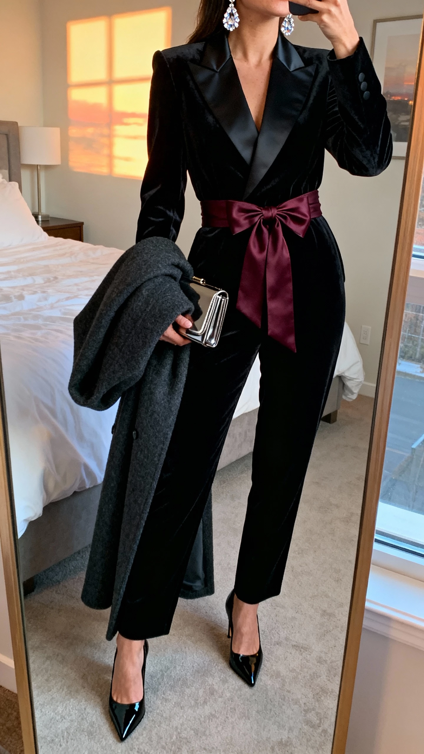 iPhone mirror selfie of a woman in a black velvet tuxedo-style jumpsuit with satin lapels, silk waist bow belt (deep burgundy), pointed-toe black patent slingbacks, crystal drop earrings, metallic gunmetal mini clutch, long charcoal wool coat draped on arm; face not visible, cropped at neck, bedroom mirror, evening window light, natural iPhone photo quality.
