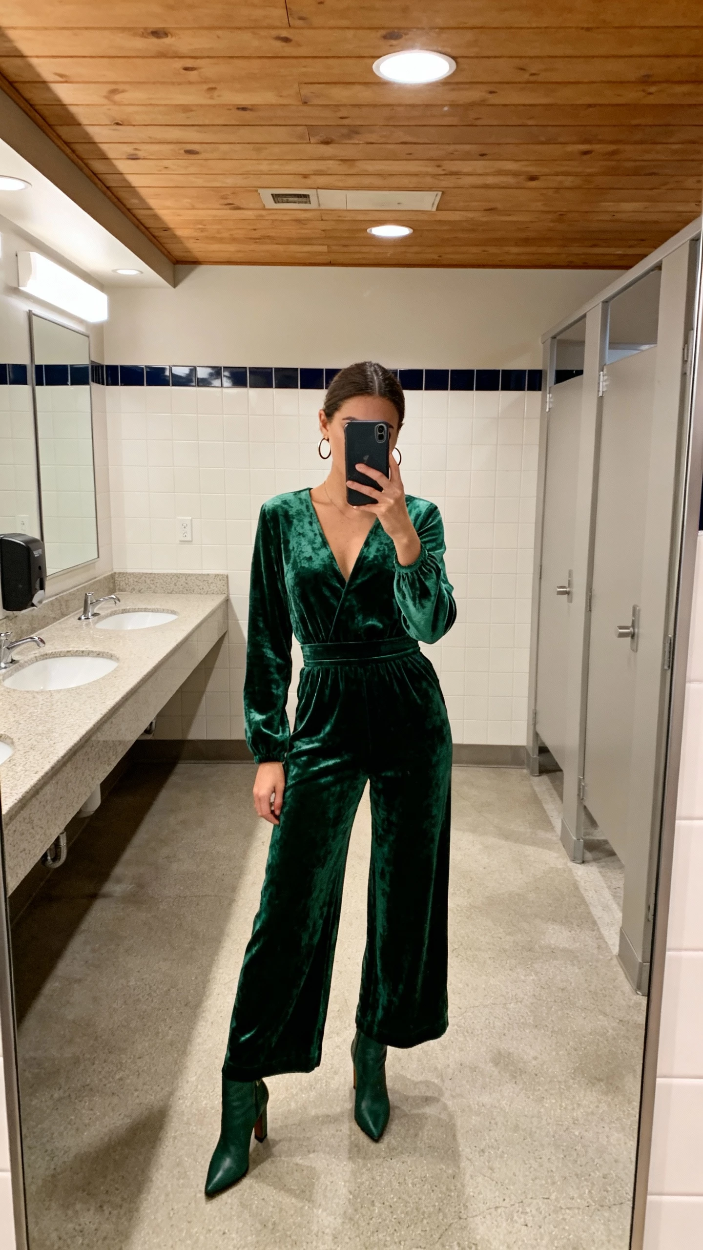 iPhone mirror selfie of a woman in a forest green velvet jumpsuit with a defined waist and wide legs, heeled booties, and simple hoop earrings, face not visible, bathroom mirror at a venue, warm overhead lighting, casual iPhone photo.
