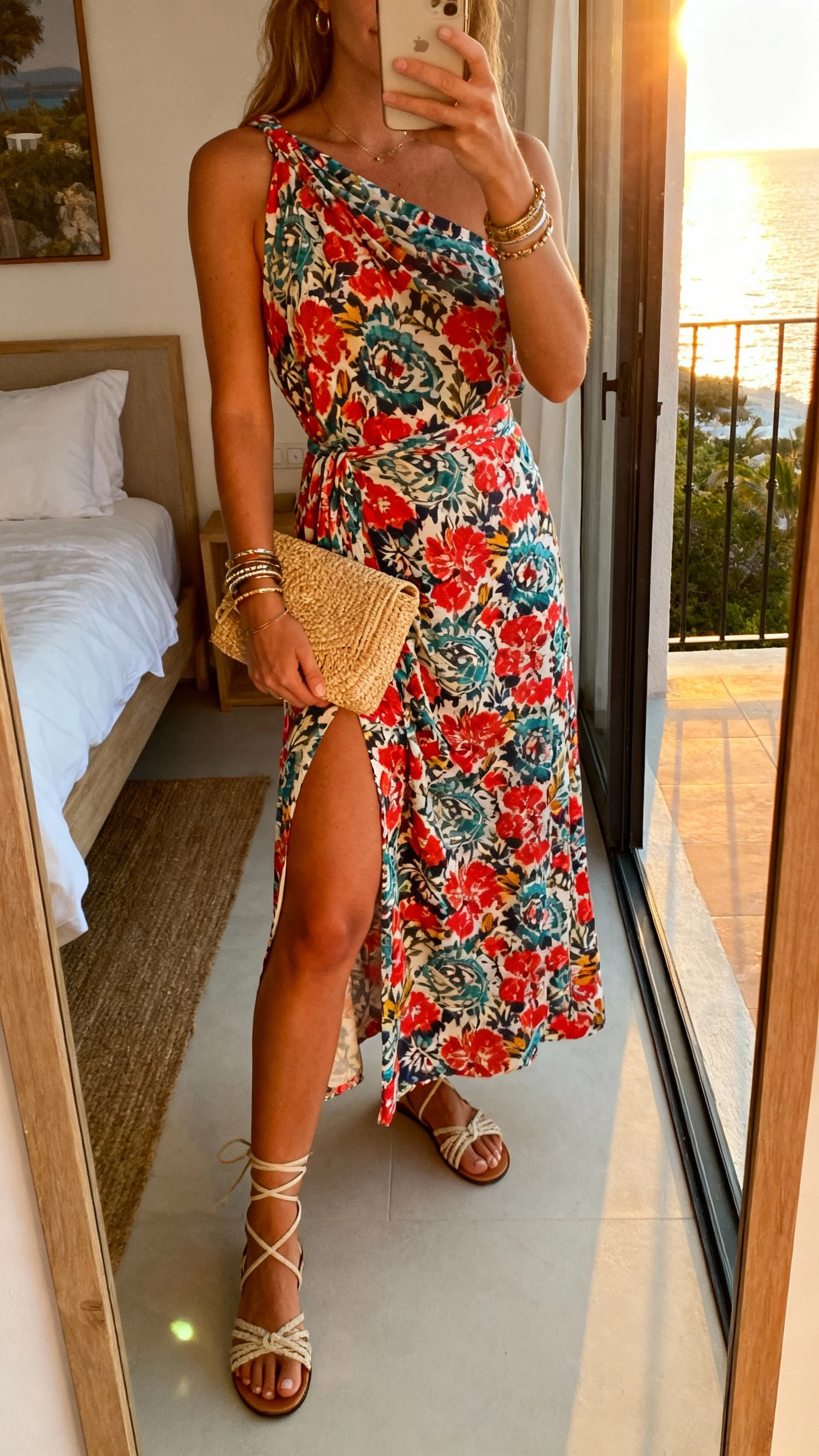 iPhone mirror selfie of a woman in a printed one-shoulder maxi with vacation energy (bold print, side slit), lace-up sandals, bangles, and a raffia clutch, face not visible, Airbnb bedroom mirror near balcony, golden-hour natural light, casual iPhone photo.