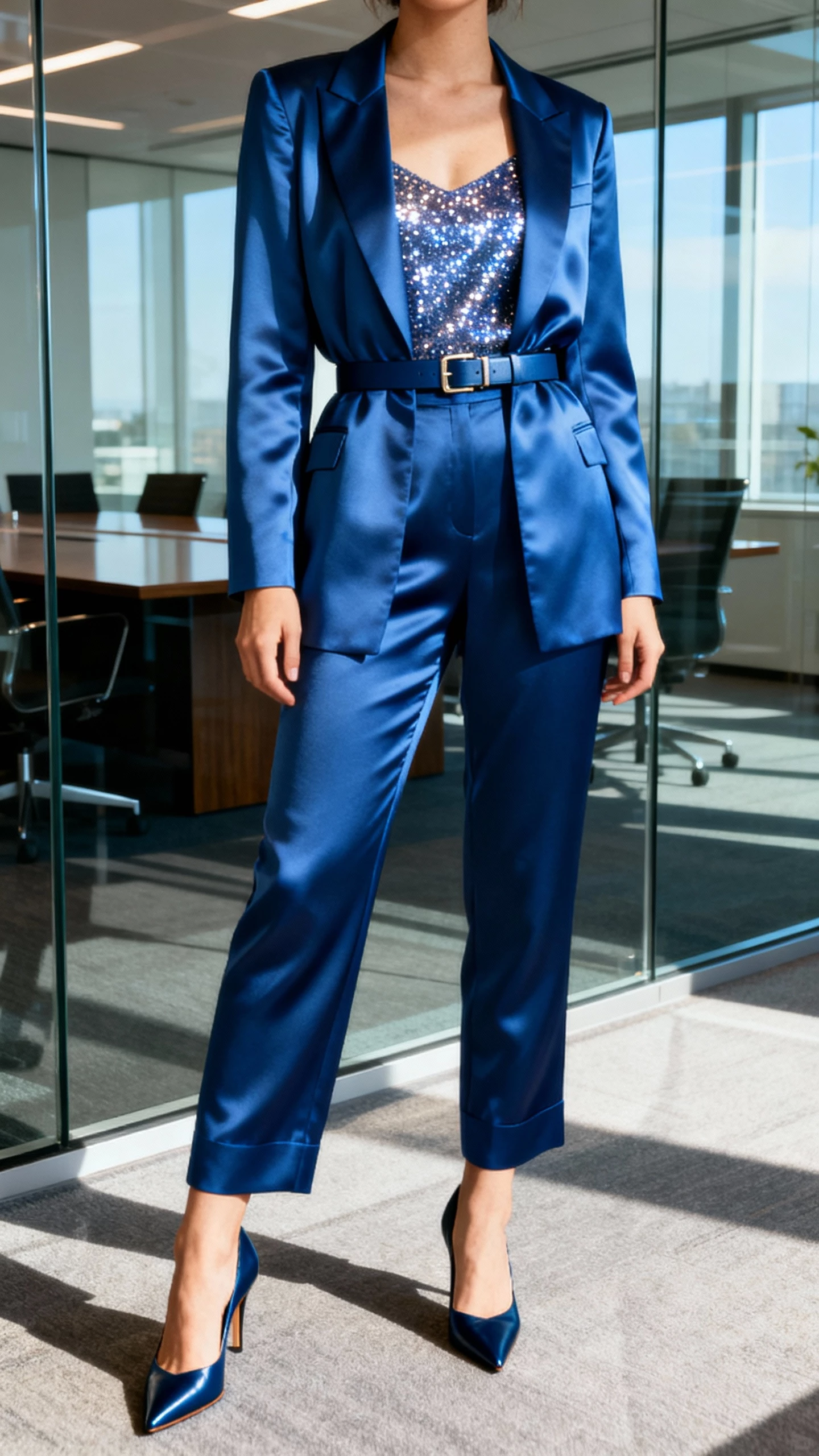 iPhone mirror selfie of a woman in a regal blue satin suit with a sparkle camisole underneath, pointed pumps, slim belt, face not visible, office conference room glass, morning light, natural iPhone photo.