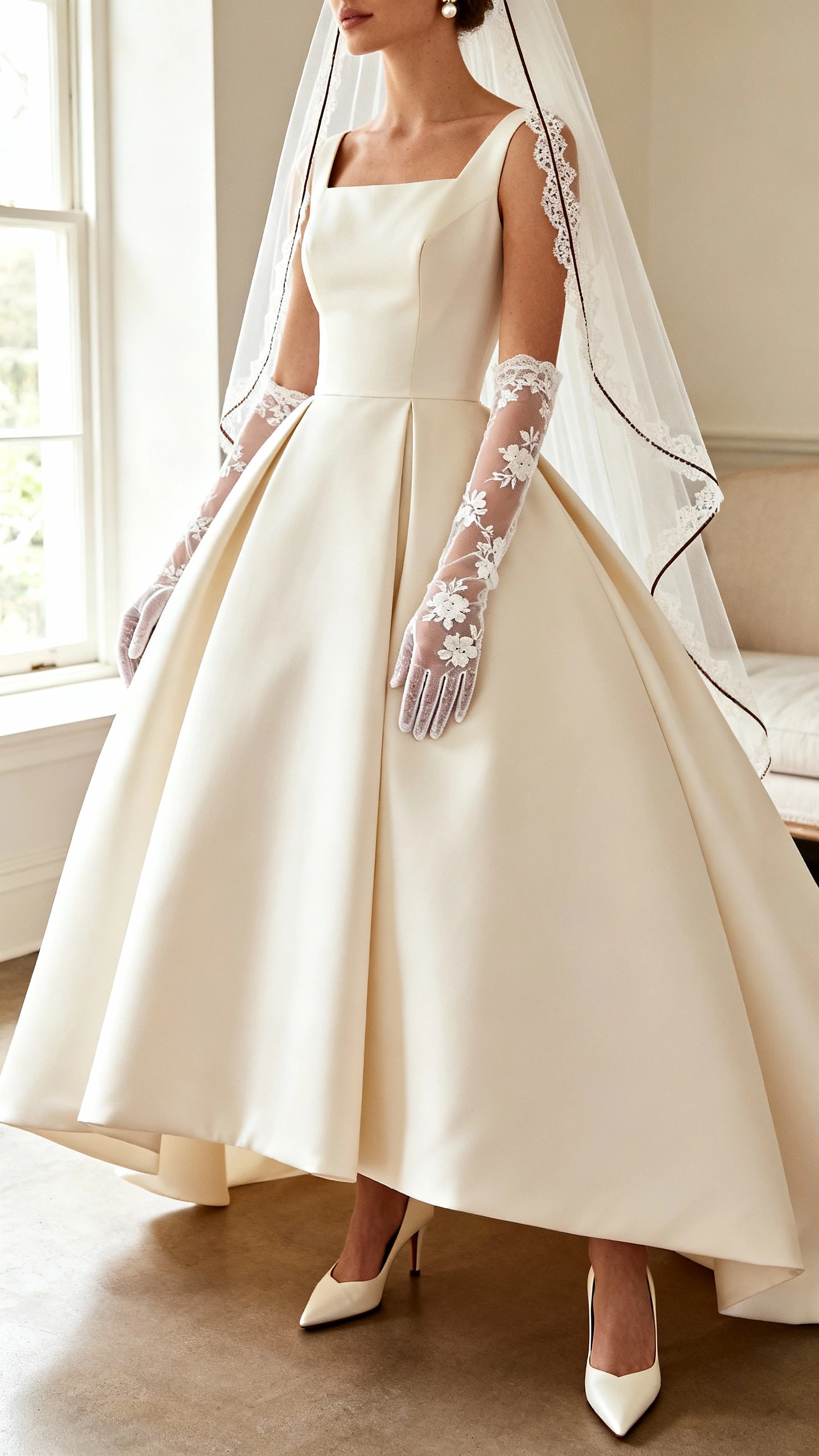 iPhone mirror selfie of a woman in a structured silk mikado ballgown with a fitted bodice and full skirt, sheer opera-length lace gloves with delicate floral motifs, a cathedral veil with a pencil-thin lace edge, pointed ivory satin pumps, and pearl-and-diamond stud earrings; face not visible, cropped at neck in a softly lit bridal suite, natural window light, natural iPhone photo quality.