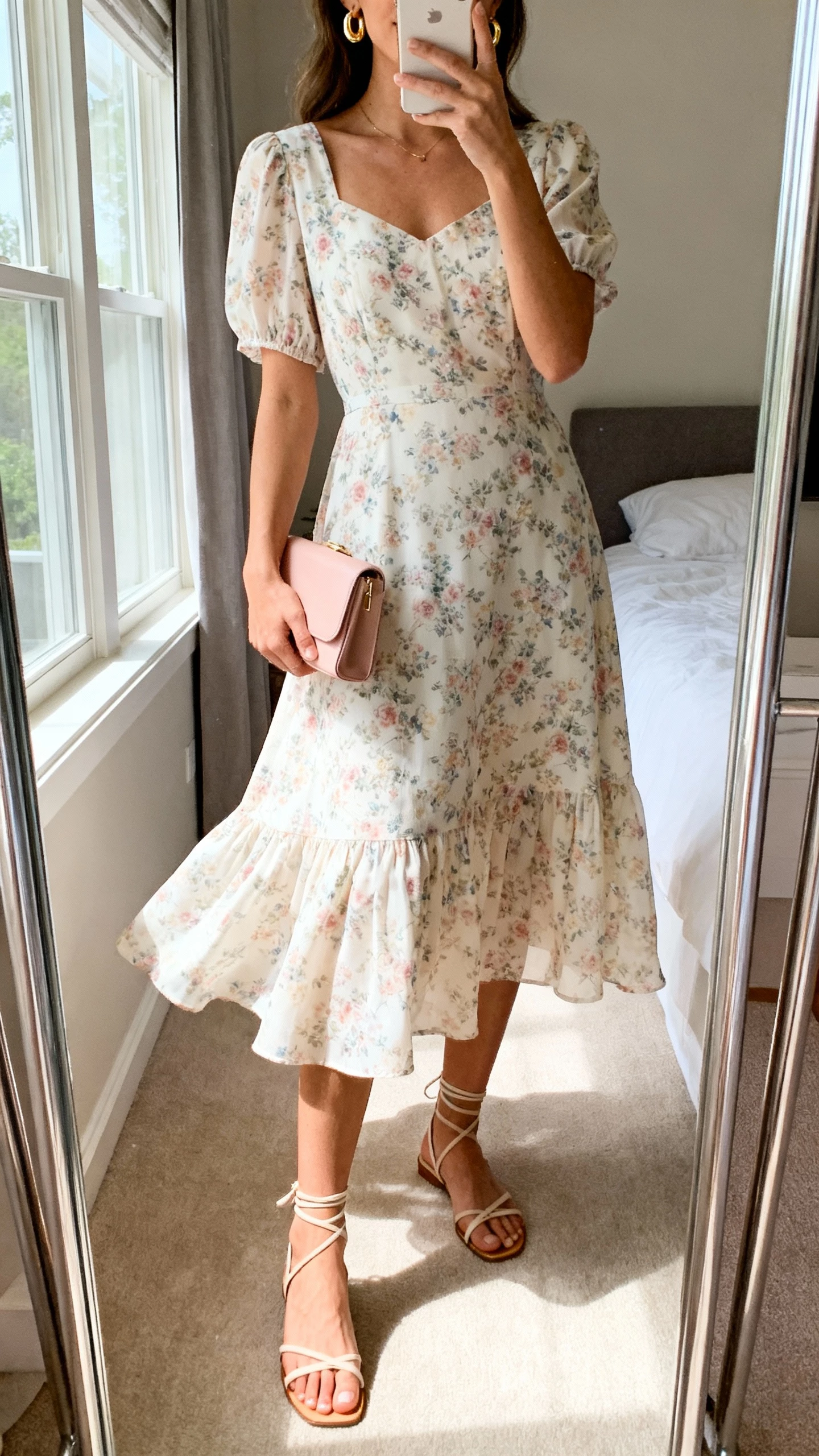 iPhone mirror selfie of a woman wearing a soft floral midi dress that floats with a light, flowy skirt, delicate strappy sandals, dainty gold earrings, and a small pastel clutch, face not visible, cropped at neck, bedroom mirror with natural window light, natural iPhone photo quality.
