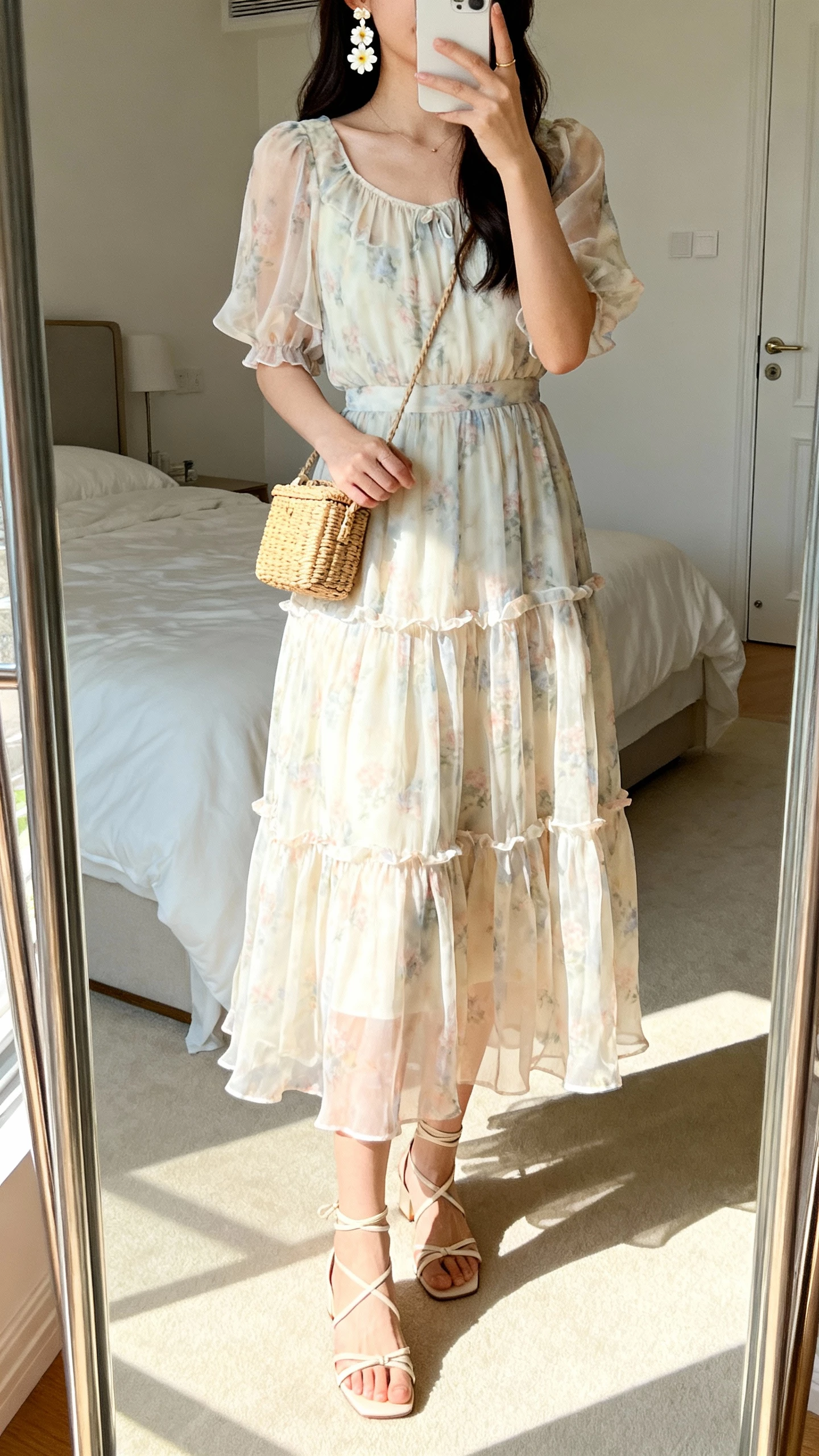 iPhone mirror selfie of a woman wearing a tiered chiffon midi dress (flowy tiers, light floral), strappy low heels, floral-drop earrings, and a woven mini bag, face not visible, bedroom full-length mirror, bright natural daylight, casual iPhone photo.