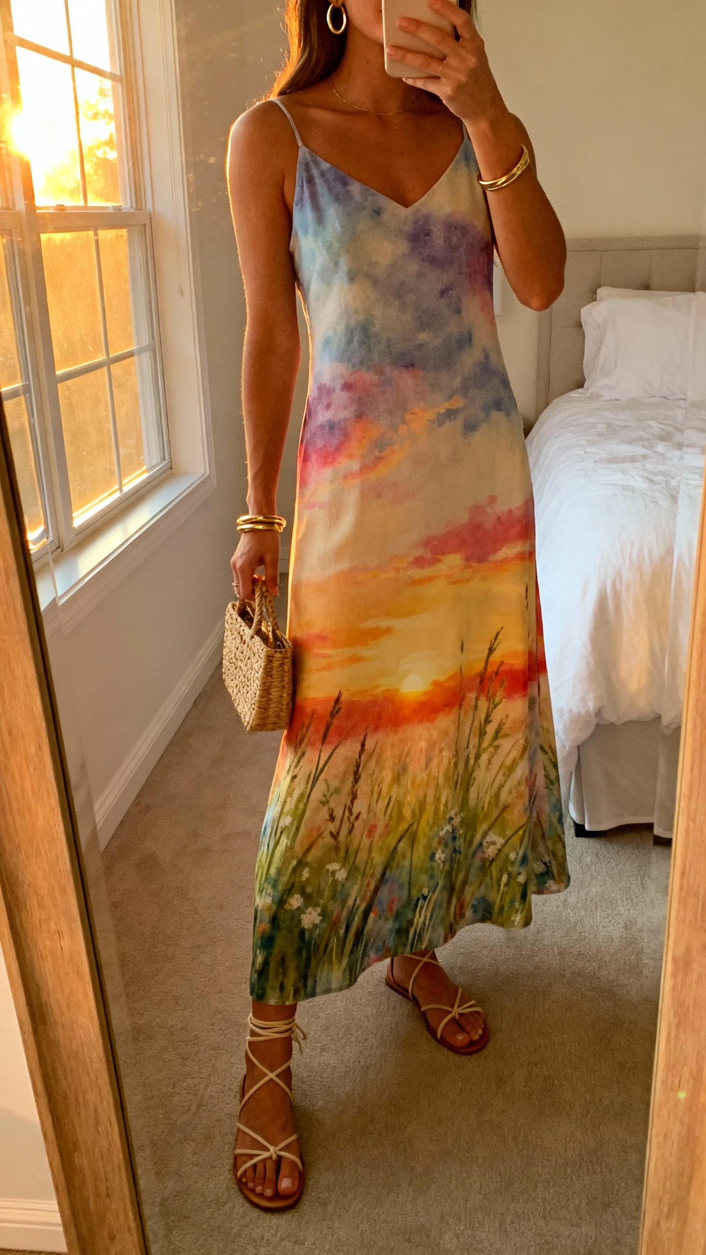 iPhone mirror selfie of a woman wearing a watercolor meadow maxi dress that catches the sunset, strappy sandals, delicate gold hoops and bangles, small woven clutch, face not visible, cropped at neck, bedroom full-length mirror with soft golden window light, natural iPhone photo quality.