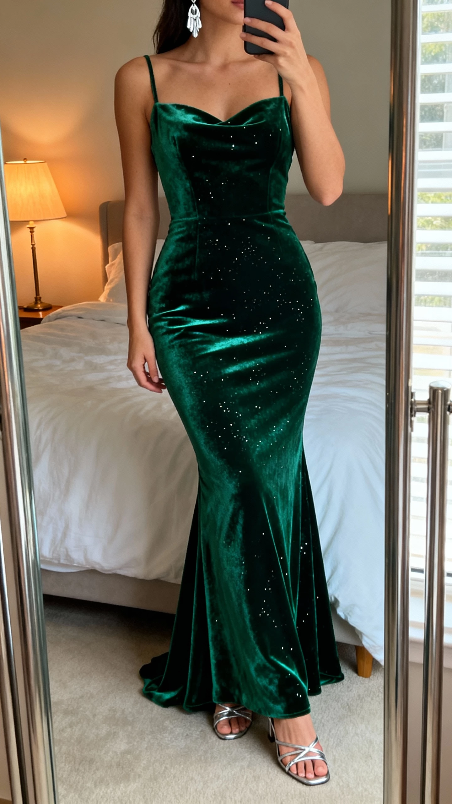 iPhone mirror selfie of a woman wearing an emerald velvet mermaid gown that sculpts with subtle sparkles, silver drop earrings, strappy metallic heels, face not visible, cropped at neck, bedroom full-length mirror, warm lamp and window light, natural iPhone photo quality.