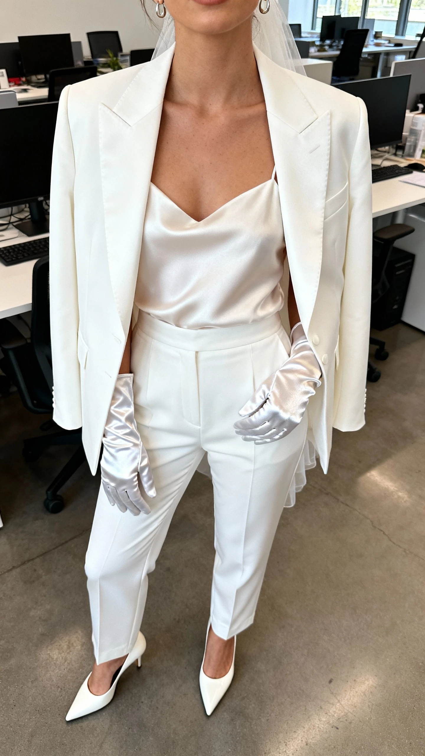 iPhone office-mirror selfie of a woman wearing tailored white bridal suit (blazer and high-waist trousers) with sleek satin opera gloves, silk camisole, pointed pumps, and minimalist earrings, face not visible, cropped at neck, bright office lighting, iPhone photo quality.