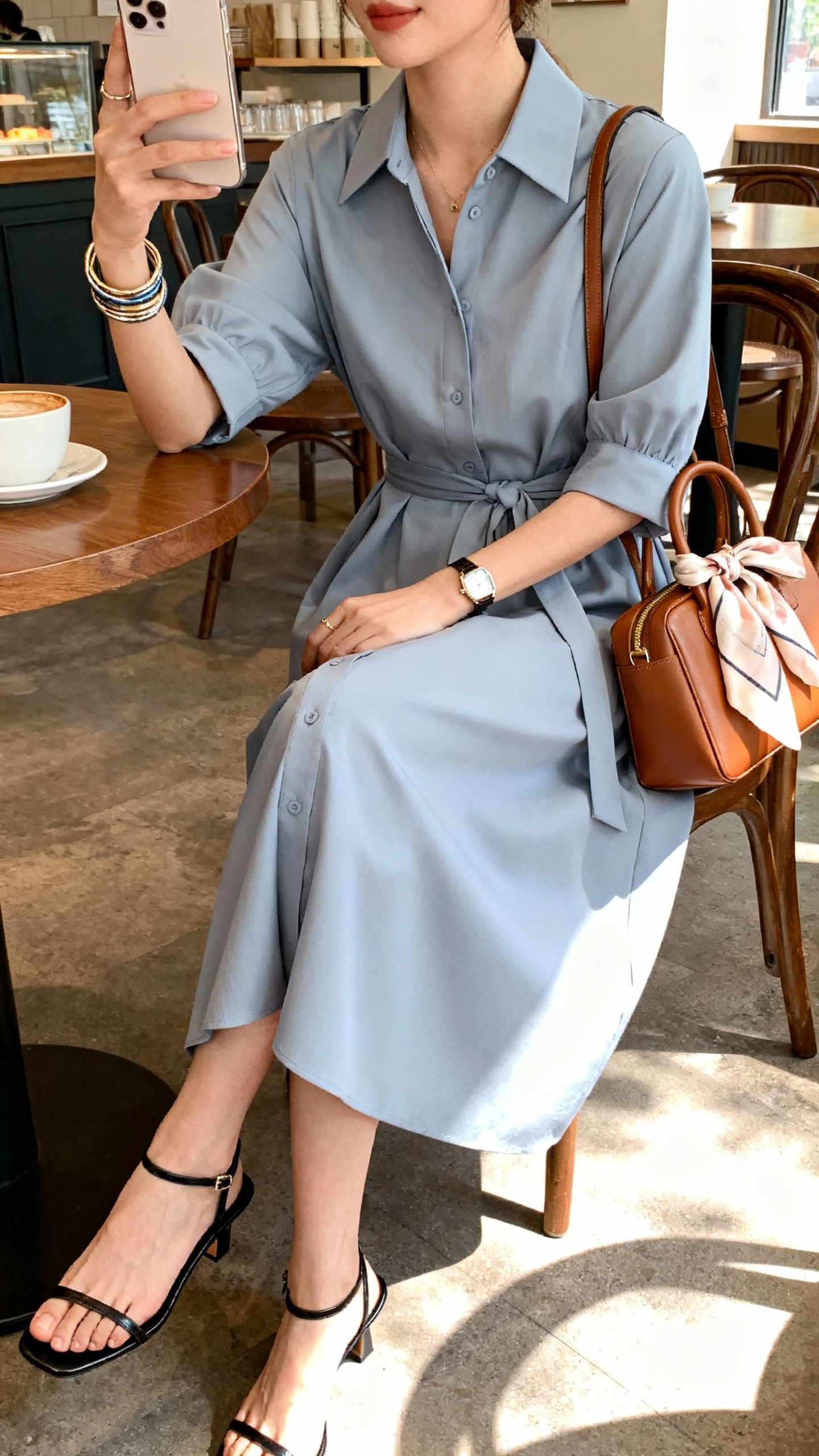 iPhone seated cafe selfie cropped at neck showing a woman in a structured midi shirt dress with a tie waist, slim-strap heeled sandals, polished shoulder bag, stacked bangles or minimal watch, soft silk scarf tied to bag handle, face not visible, cozy cafe setting with natural morning light, natural iPhone photo quality.