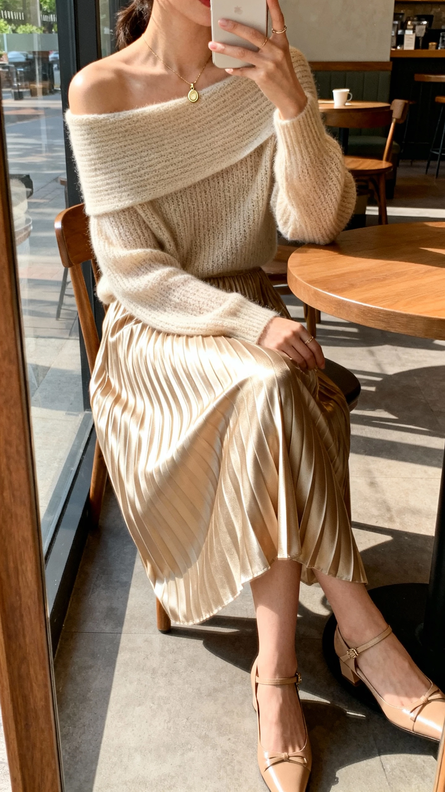 iPhone seated cafe selfie of a woman in a champagne pleated midi skirt with a fine-knit off-shoulder sweater, delicate pendant, ankle-strap heels, face not visible, shot from chest down, soft afternoon light, casual iPhone look