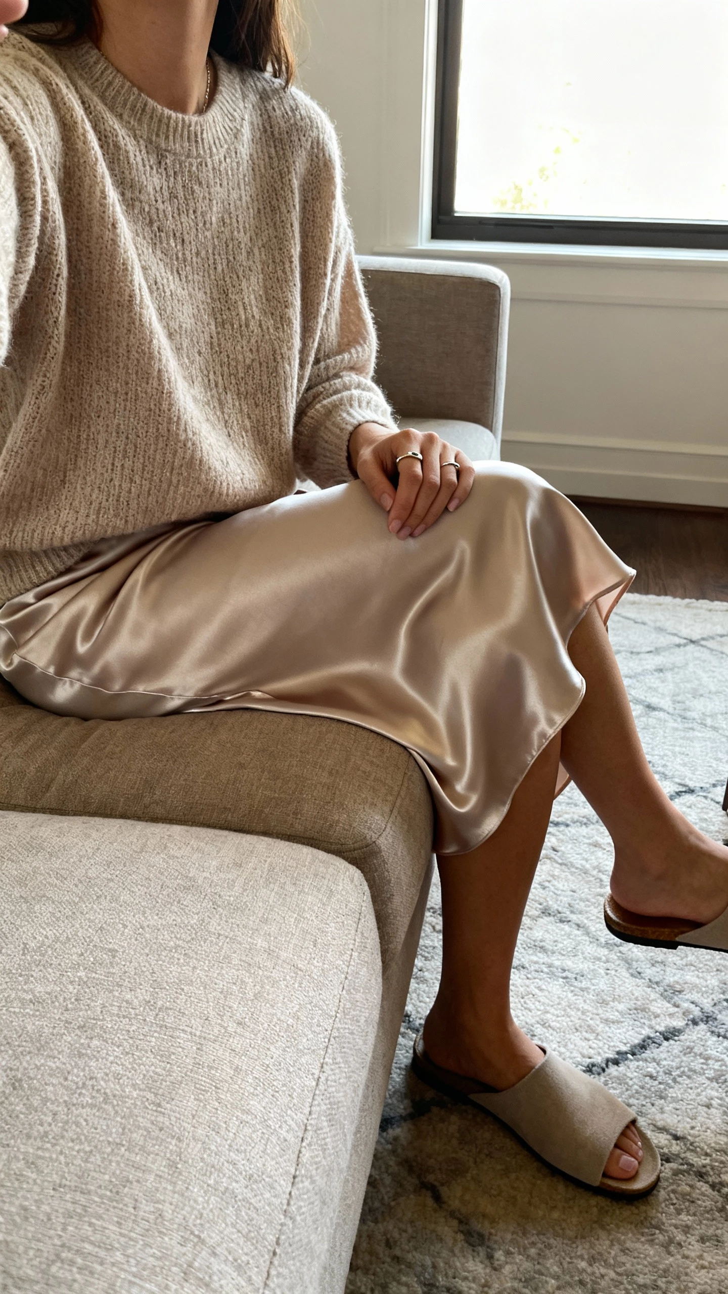 iPhone seated couch selfie cropped at shoulders showing a woman in a satin slip skirt with a mellow knit sweater, minimalist mules, simple studs, face not visible, cozy living room with window light, natural iPhone aesthetic