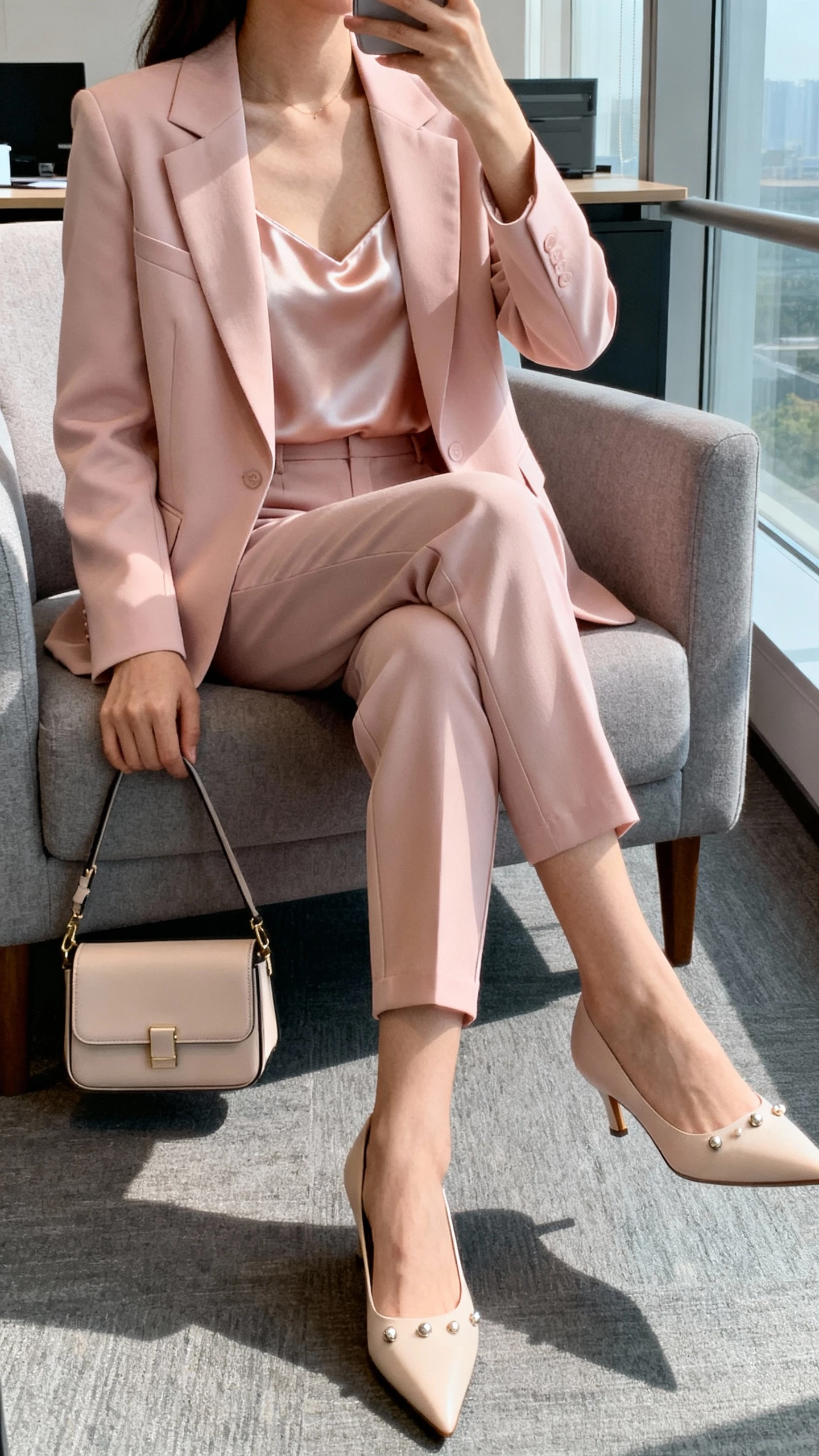 iPhone seated selfie cropped at shoulders showing a woman in a pastel power suit (tailored blazer and tapered trousers) over a satin camisole, pointed-toe pumps, simple studs, and a structured mini bag, face not visible, office lounge setting, morning window light, natural iPhone aesthetic.
