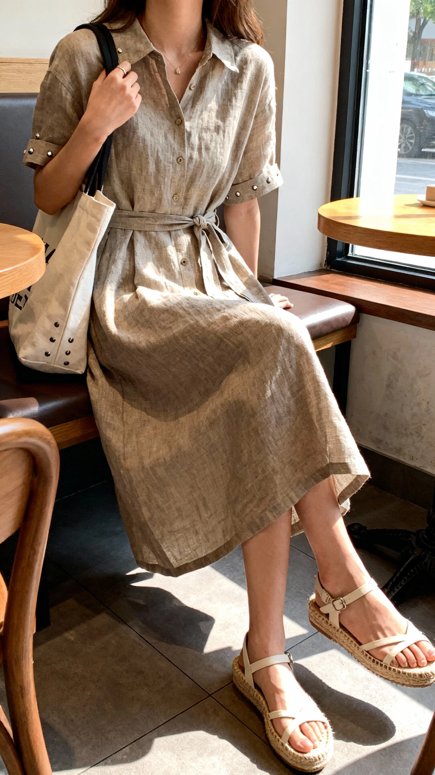 iPhone selfie cropped at neck showing a woman in a linen-blend belted midi dress with espadrille wedges, tote bag, and subtle studs, face not visible, cafe seating by a window, morning light, casual iPhone quality