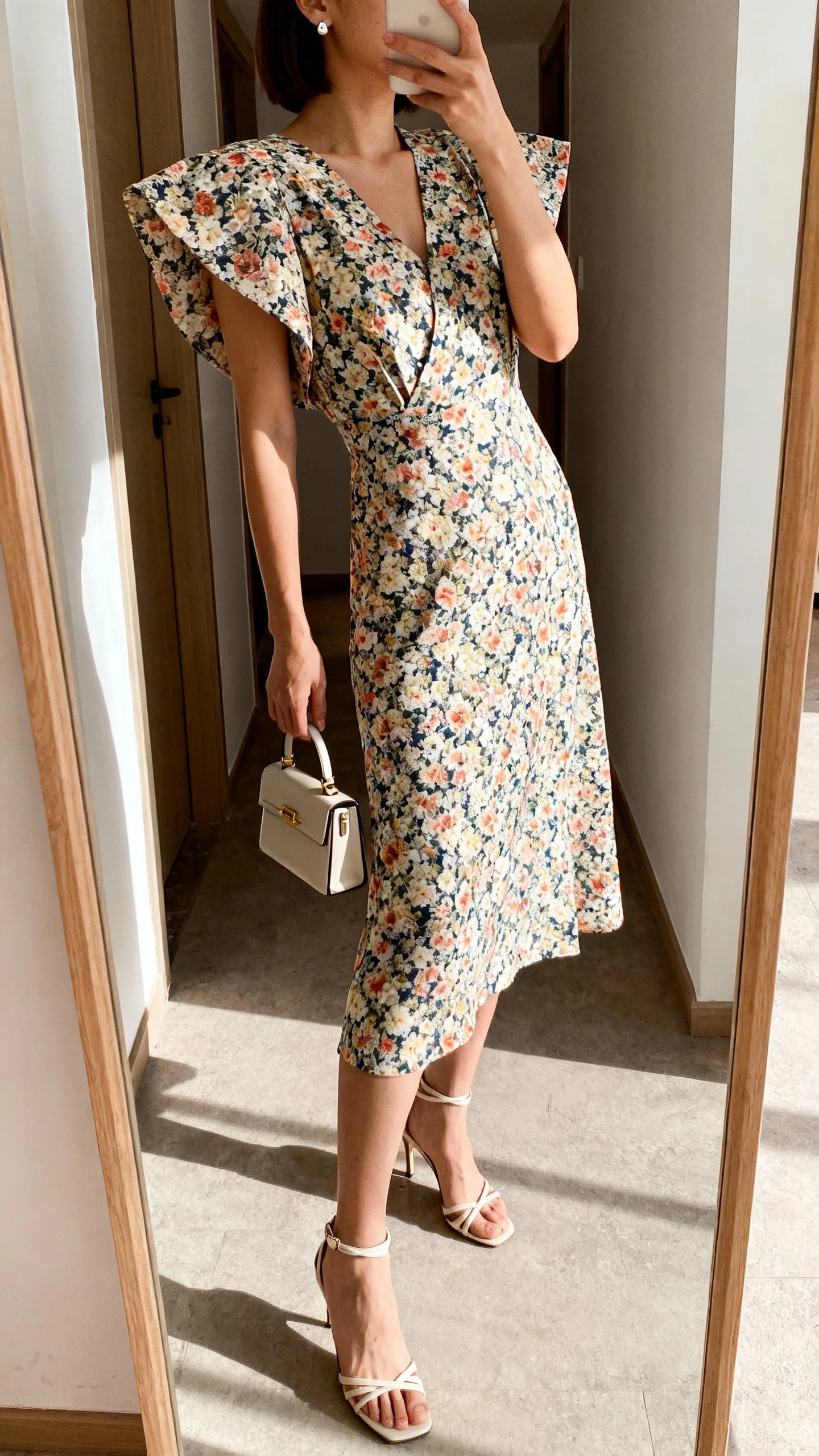iPhone side-angle mirror selfie of a woman wearing a floral dress with strong architectural shoulders, ankle-strap heels, structured mini bag, and simple stud earrings, face not visible, hallway mirror, afternoon indoor lighting, casual iPhone aesthetic.