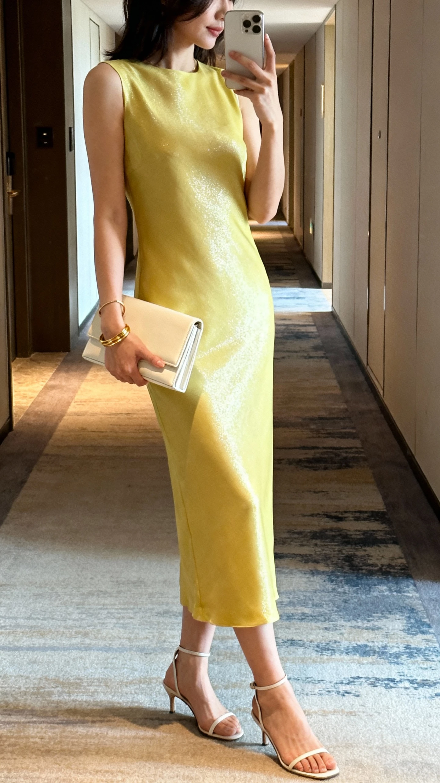 iPhone side-angle selfie of a woman wearing a butter-yellow column dress with subtle sheen, minimalist ankle-strap heels, thin gold bangles, and a structured cream clutch, face not visible, hotel hallway lighting, casual iPhone look.