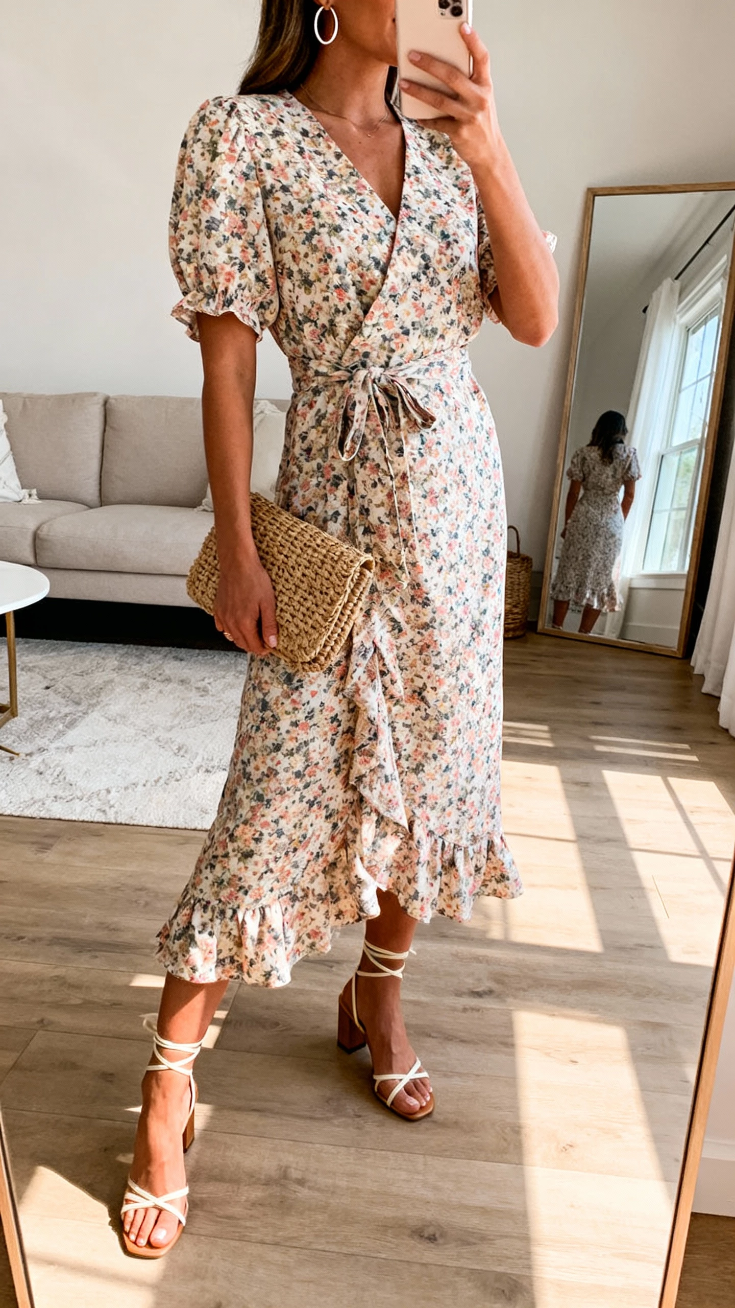iPhone side-angle selfie of a woman wearing a floral wrap dress with ankle-strap heels, simple hoop earrings, and a woven clutch, face not visible, living room mirror, afternoon window light, natural iPhone photo