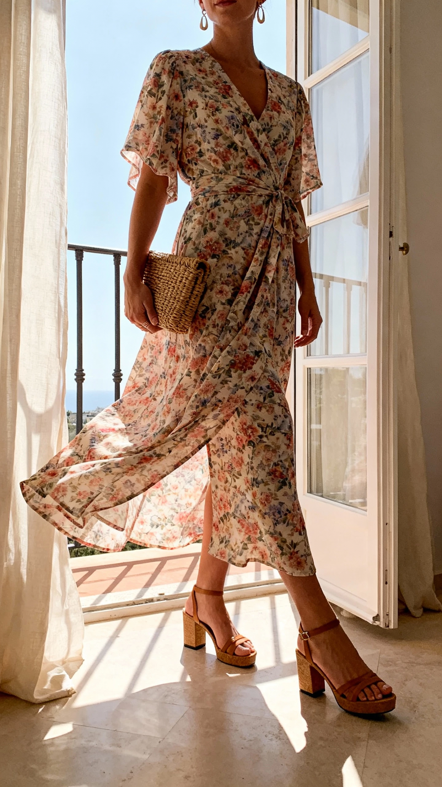 iPhone side-angle selfie of a woman wearing a floral wrap maxi dress that moves in the breeze, block-heel sandals, woven clutch, lightweight drop earrings, face not visible, standing by an open balcony door with daylight and a gentle curtain draft, natural iPhone photo quality