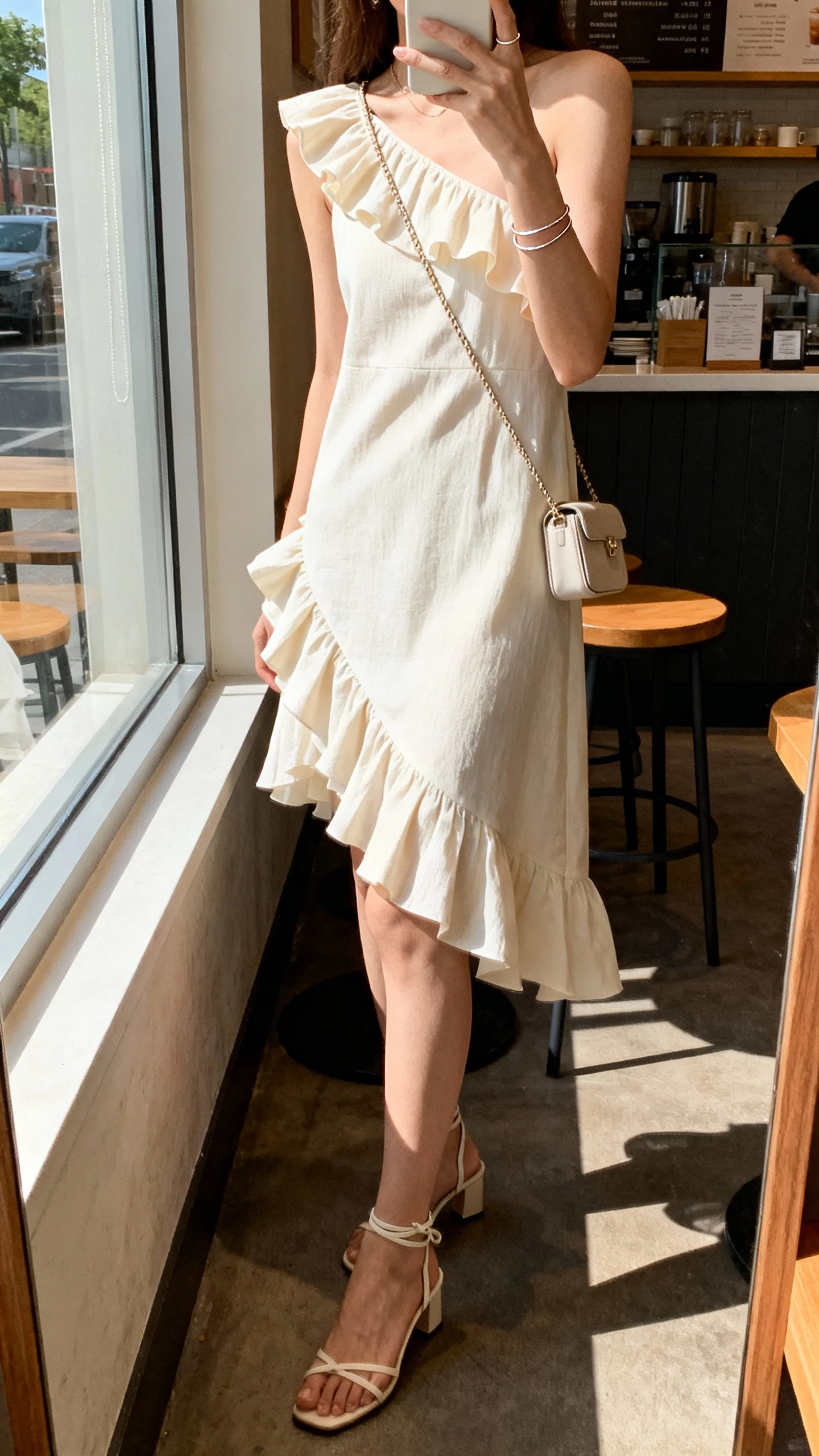 iPhone side-profile selfie of a woman wearing a one-shoulder ruffle dress, delicate ankle-strap heels, small crossbody, thin bangles, face not visible, standing near cafe window with morning light, natural iPhone photo quality
