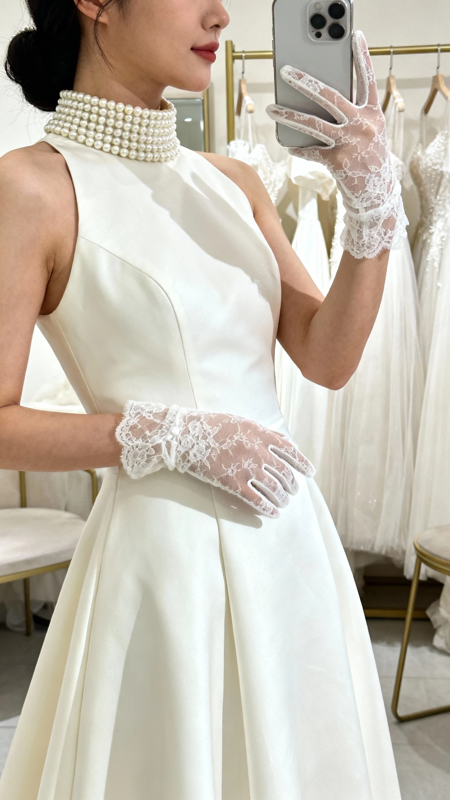 iPhone side-profile selfie of a woman wearing fingerless lace gloves, a pearl collar, and a high-neck gown, face not visible, softly lit bridal dressing area, natural iPhone photo quality