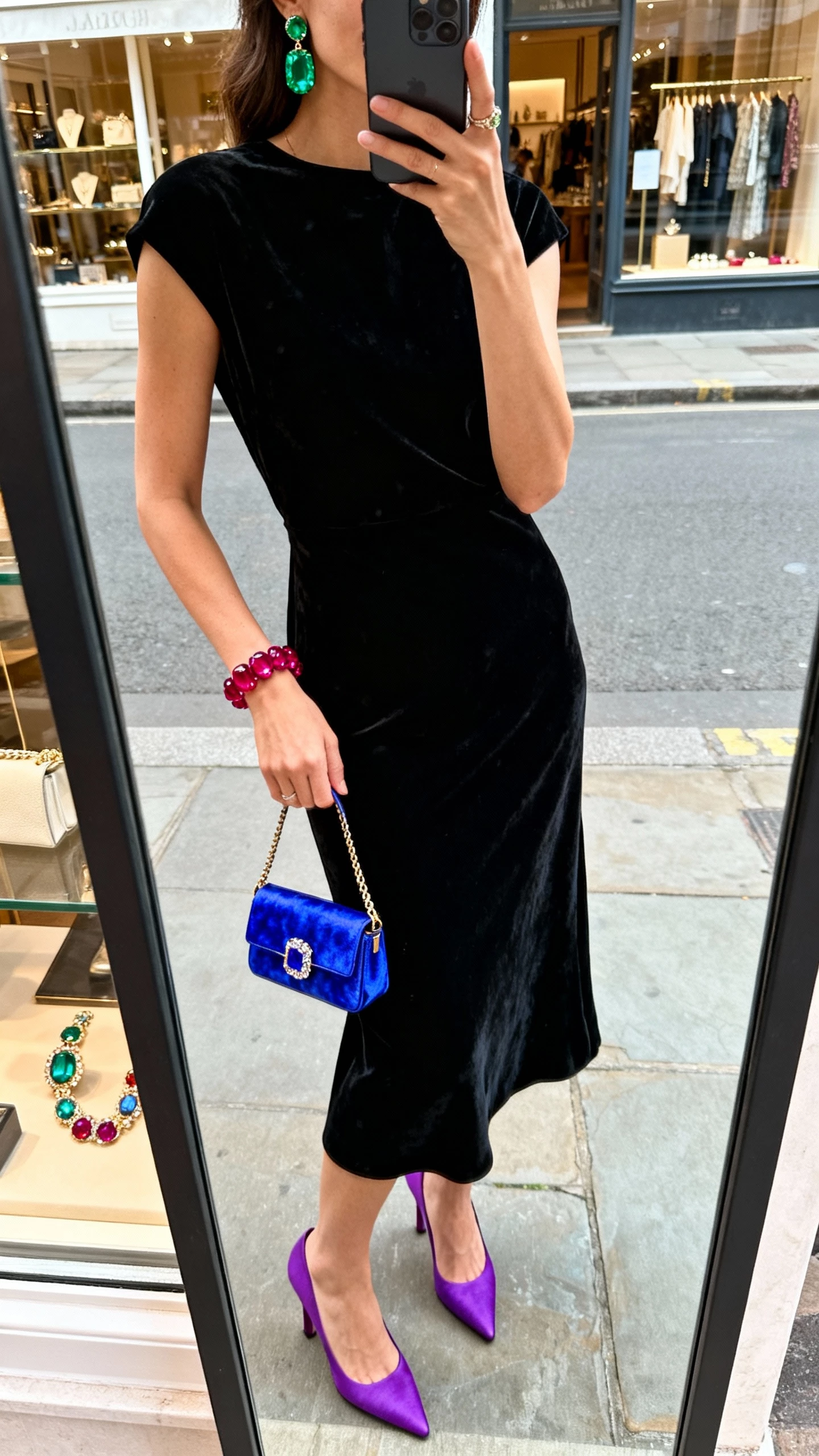 iPhone street-mirror selfie of a woman in an onyx-black dress styled with mixed jewel-tone accessories: emerald earrings, ruby bracelet, sapphire mini bag, and amethyst heels, face not visible, taken at a boutique window reflection in daylight, natural iPhone photo quality.